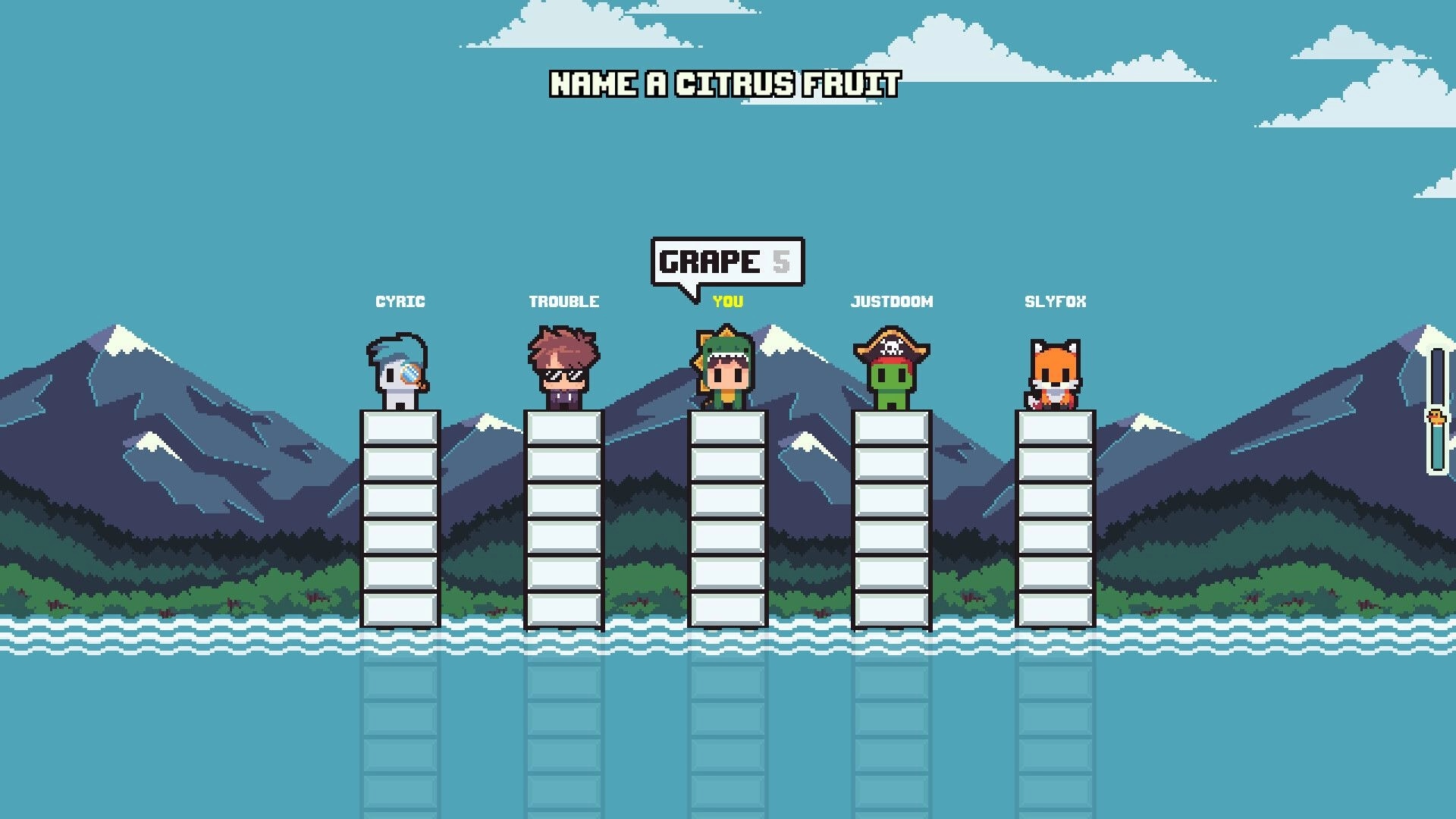 TriviaSpire: Players atop block spires answer “Name a citrus fruit” prompt over rising water, mountains backdrop.