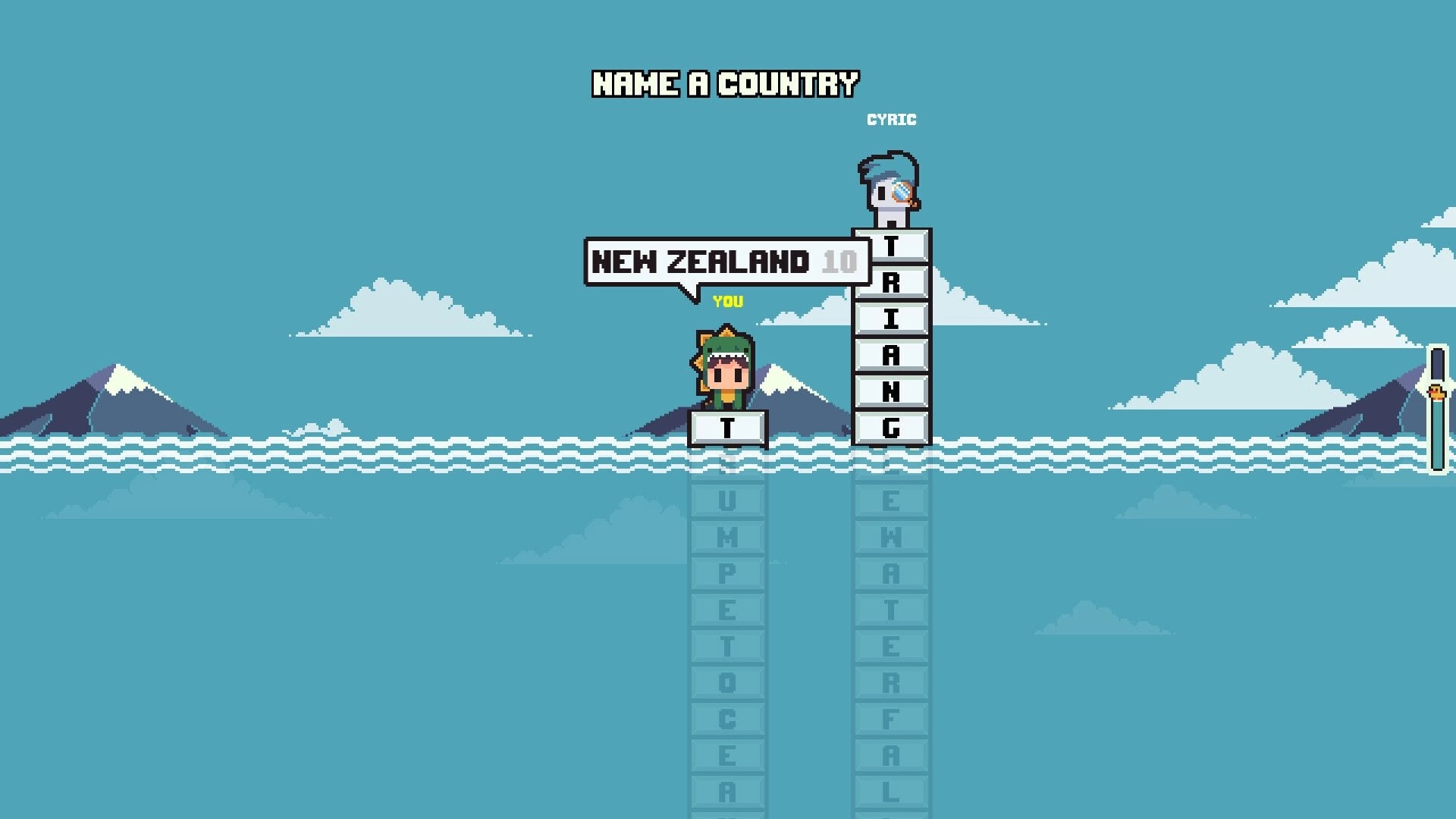 TriviaSpire: Country naming prompt with New Zealand answer, avatars on letter spires above rising sea.