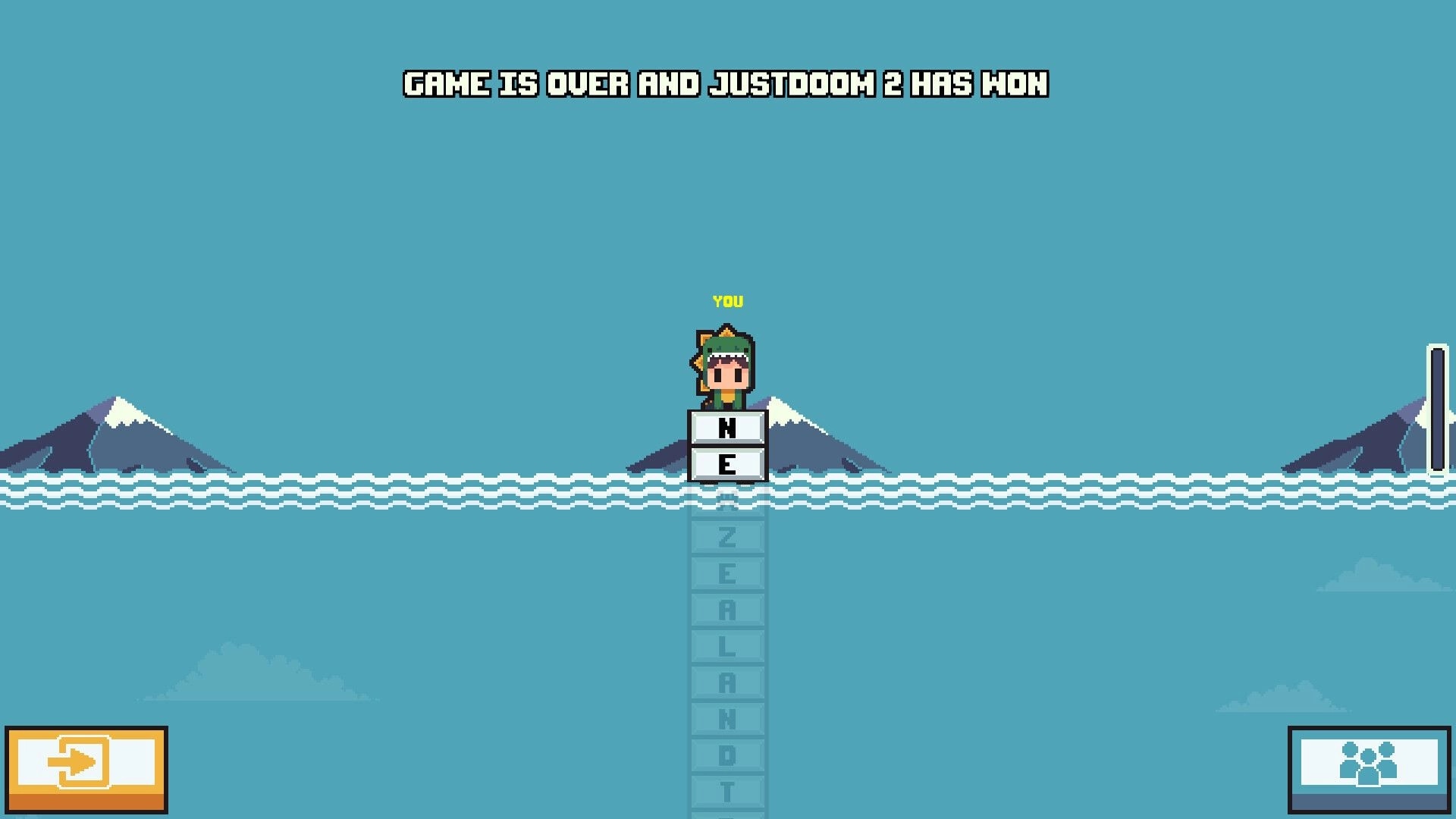 TriviaSpire: Game over banner with winner text above player atop letter blocks in rising ocean scene.