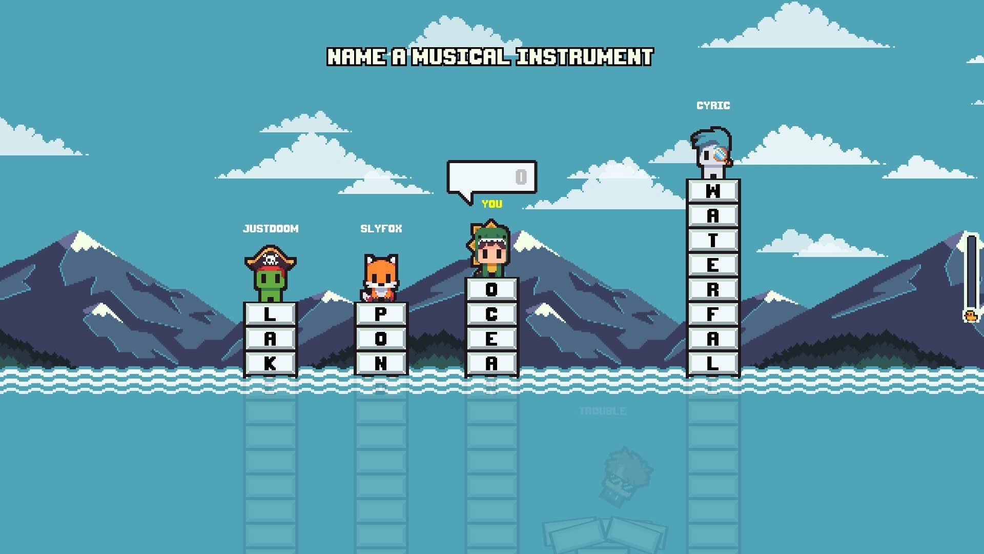 TriviaSpire: Players atop letter towers answering “Name a musical instrument” above rising ocean waves.