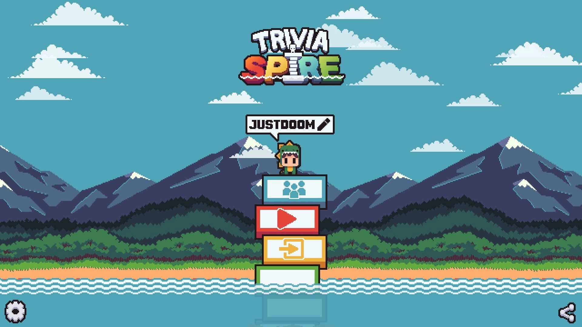 TriviaSpire: Main menu with avatar atop stacked buttons for multiplayer, play, and exit by rising sea.