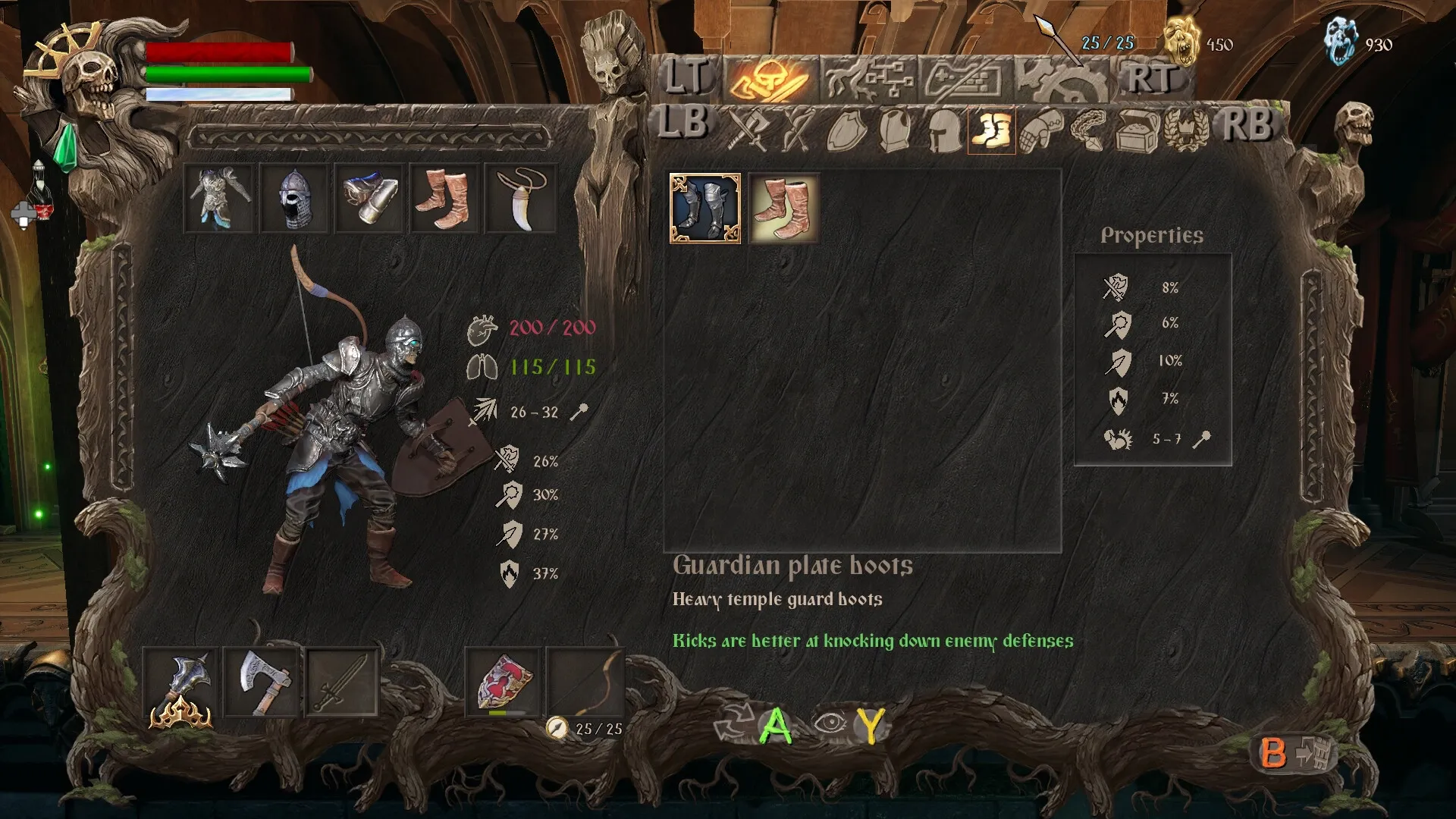 Trizna: Character inventory screen with stats and equipped items in a dark, gothic environment