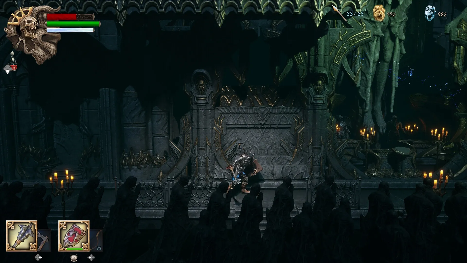 Trizna: Player exploring ancient crypt with eerie statues and candlelit altars in a dark, gothic chamber.