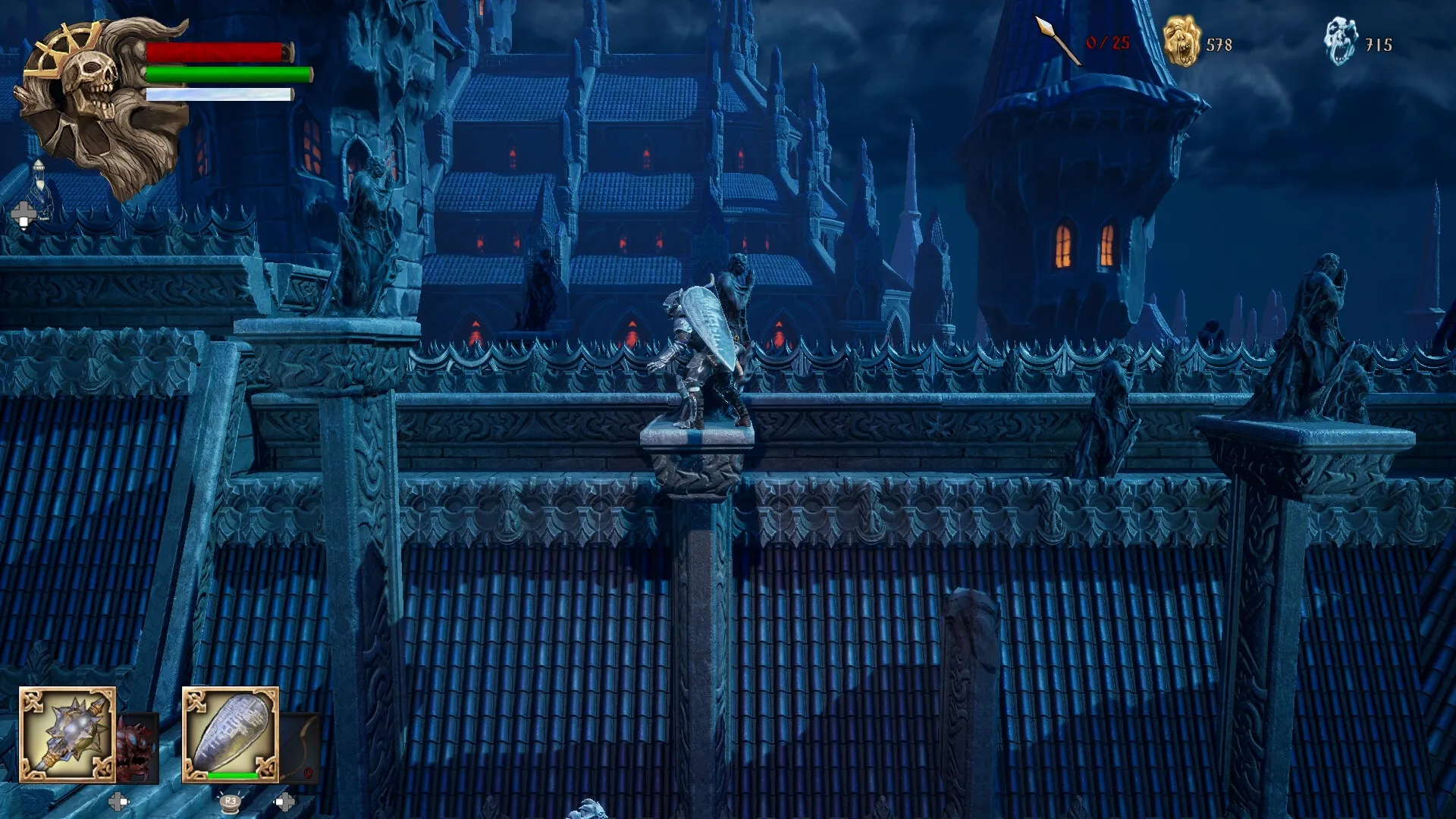 Trizna: Character crouching on ornate ledge amidst gothic architecture, health bar and items visible