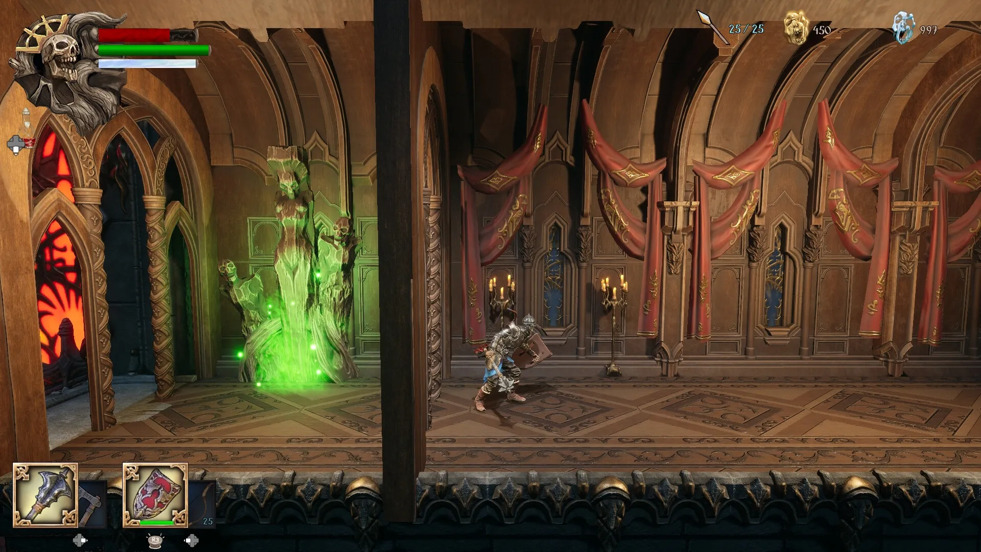 Trizna: Knight exploring ornate hall with glowing green statue and red drapes, health bars visible