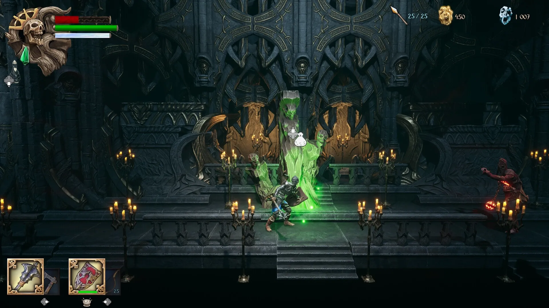 Trizna: Player engages in combat with an enemy in a dimly lit stone hall, UI elements visible.