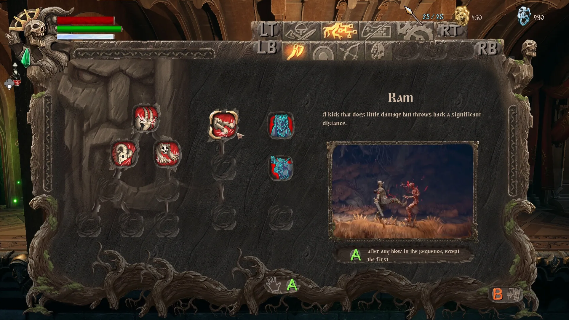 Trizna: Skill menu displaying various abilities with a highlighted "Ram" attack in a dark gothic setting