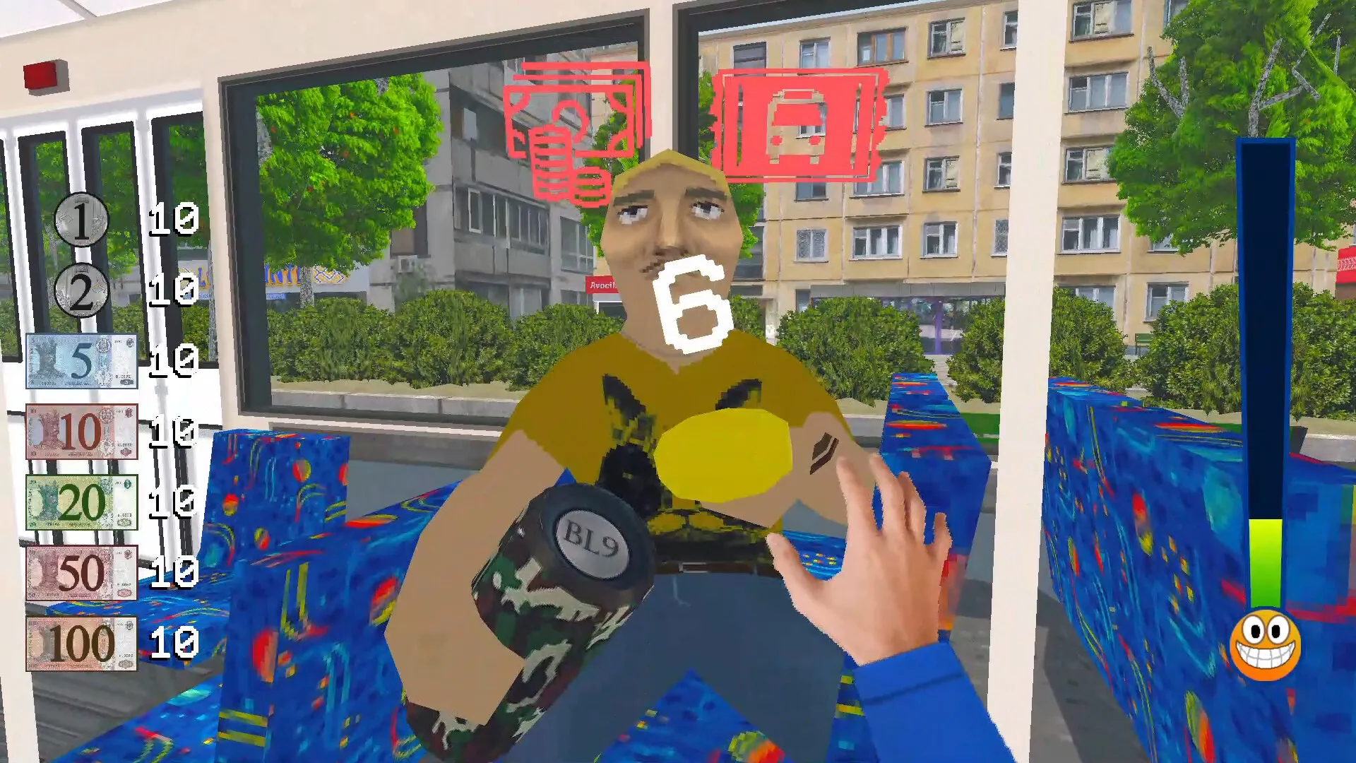 TROLEU: Conductor confronts passenger with a can on a colorful trolleybus, money UI on the left side.