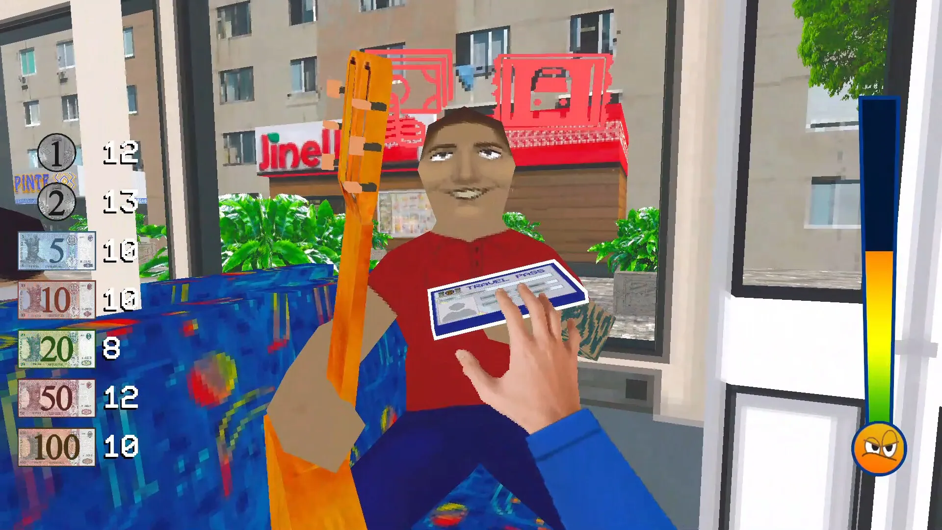 TROLEU: Player checks passenger's travel pass inside trolleybus with currency UI on screen.