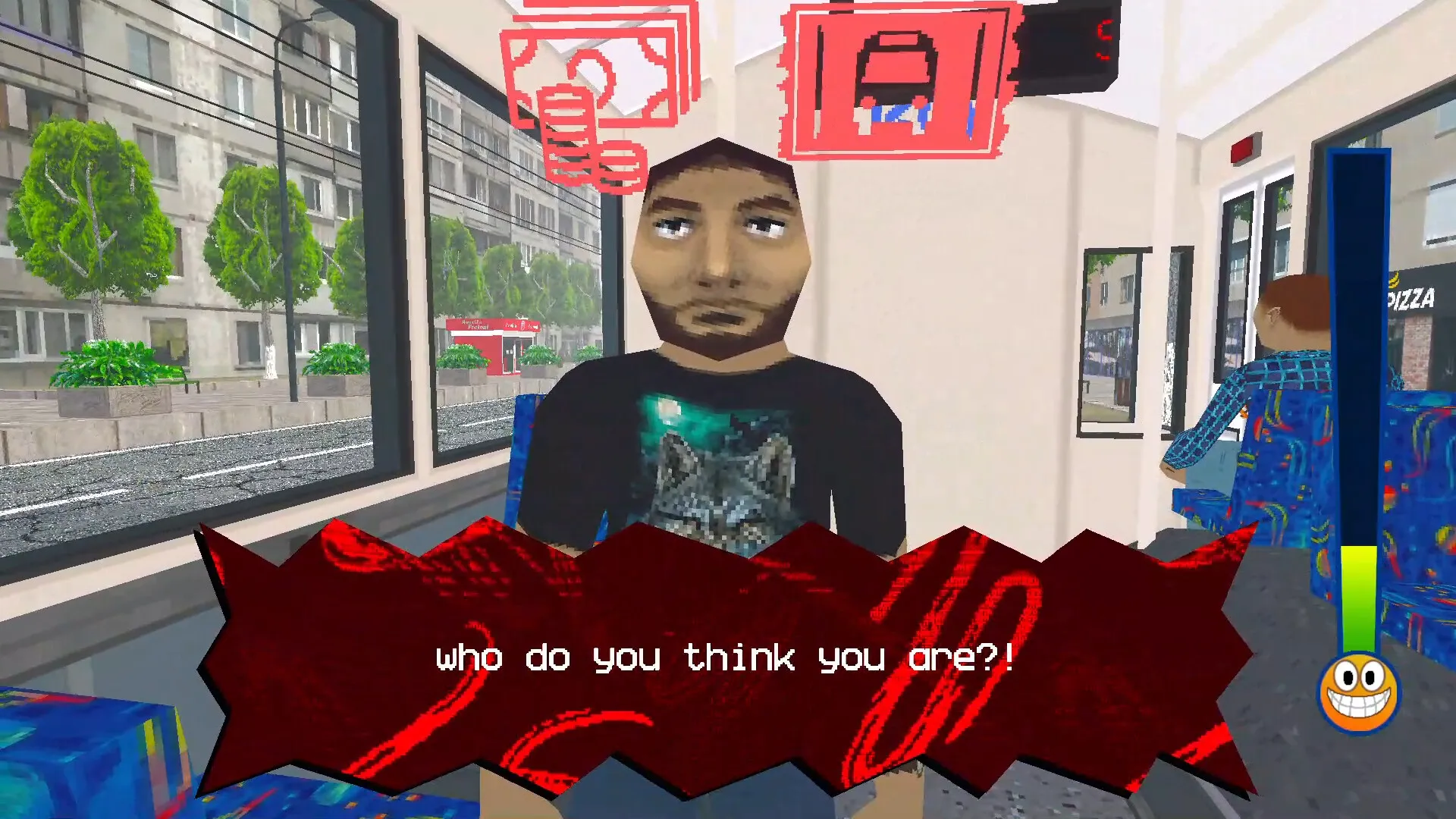 TROLEU: Passenger confrontation with dialogue prompt on a bustling city trolleybus interior.
