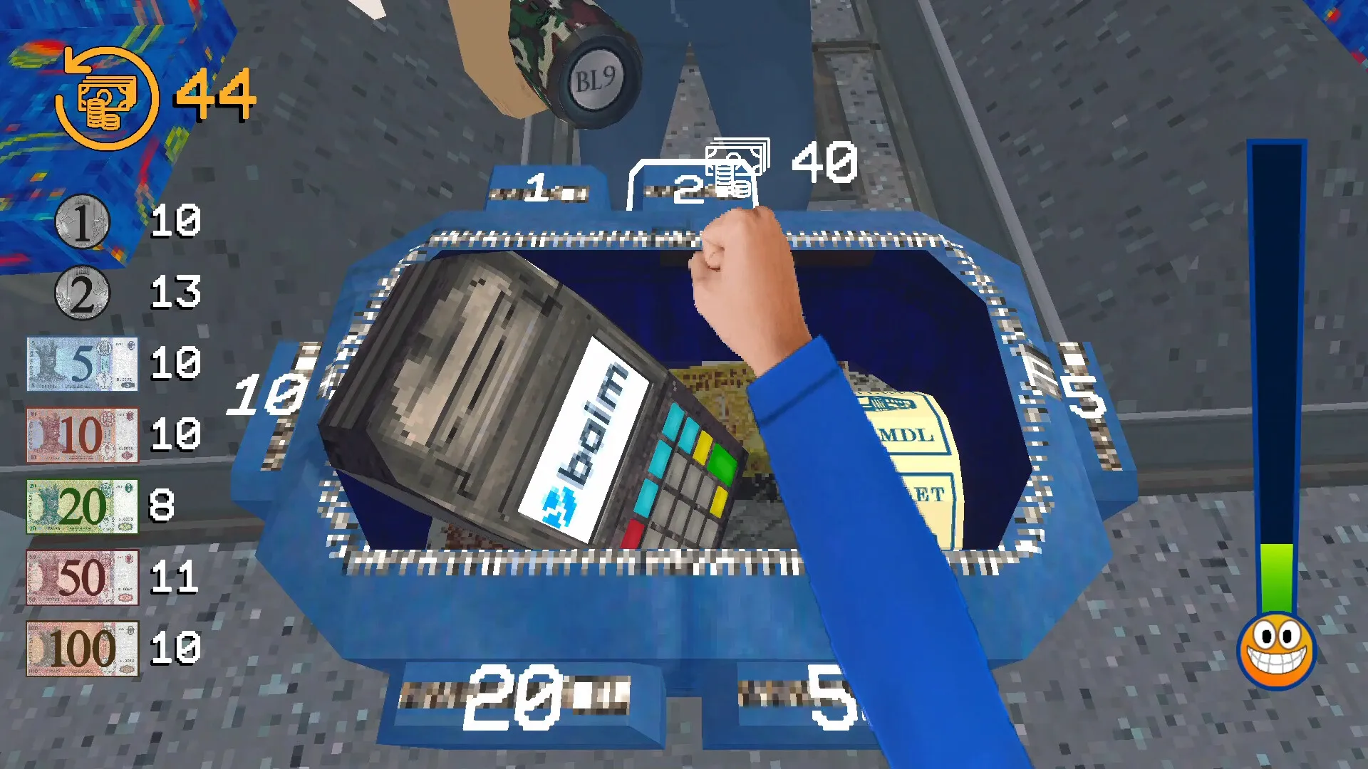 TROLEU: Player conducts fare check with fist raised, surrounded by cash and ticketing machine interface.