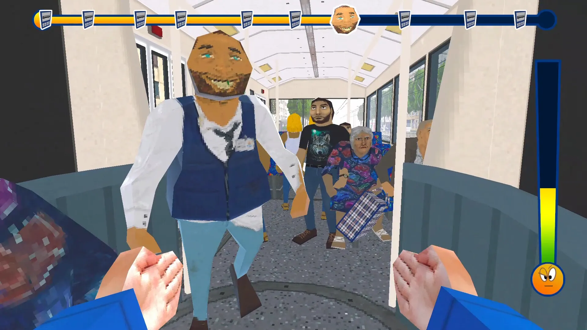 TROLEU: First-person view of a trolleybus conductor confronting passengers, with a UI bar overhead.