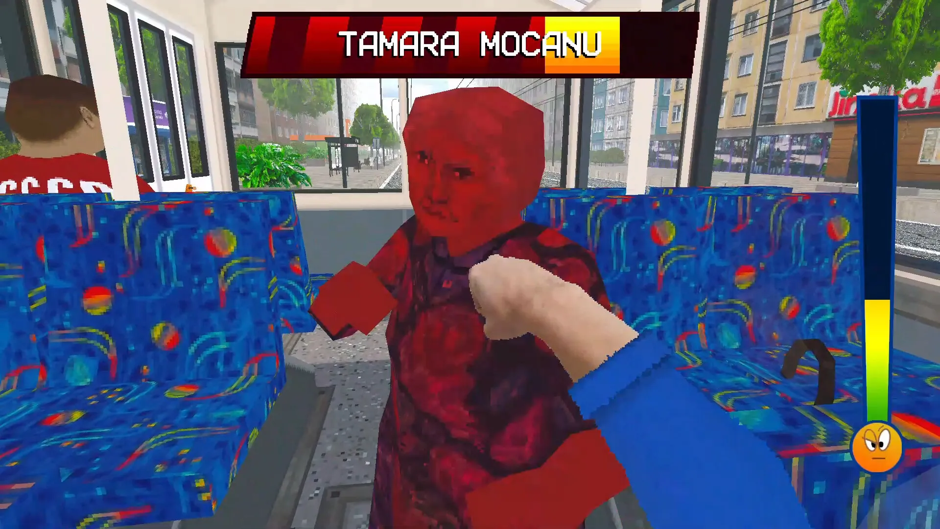 TROLEU: Fist raised against red passenger Tamara Mocanu in colorful trolleybus interior.