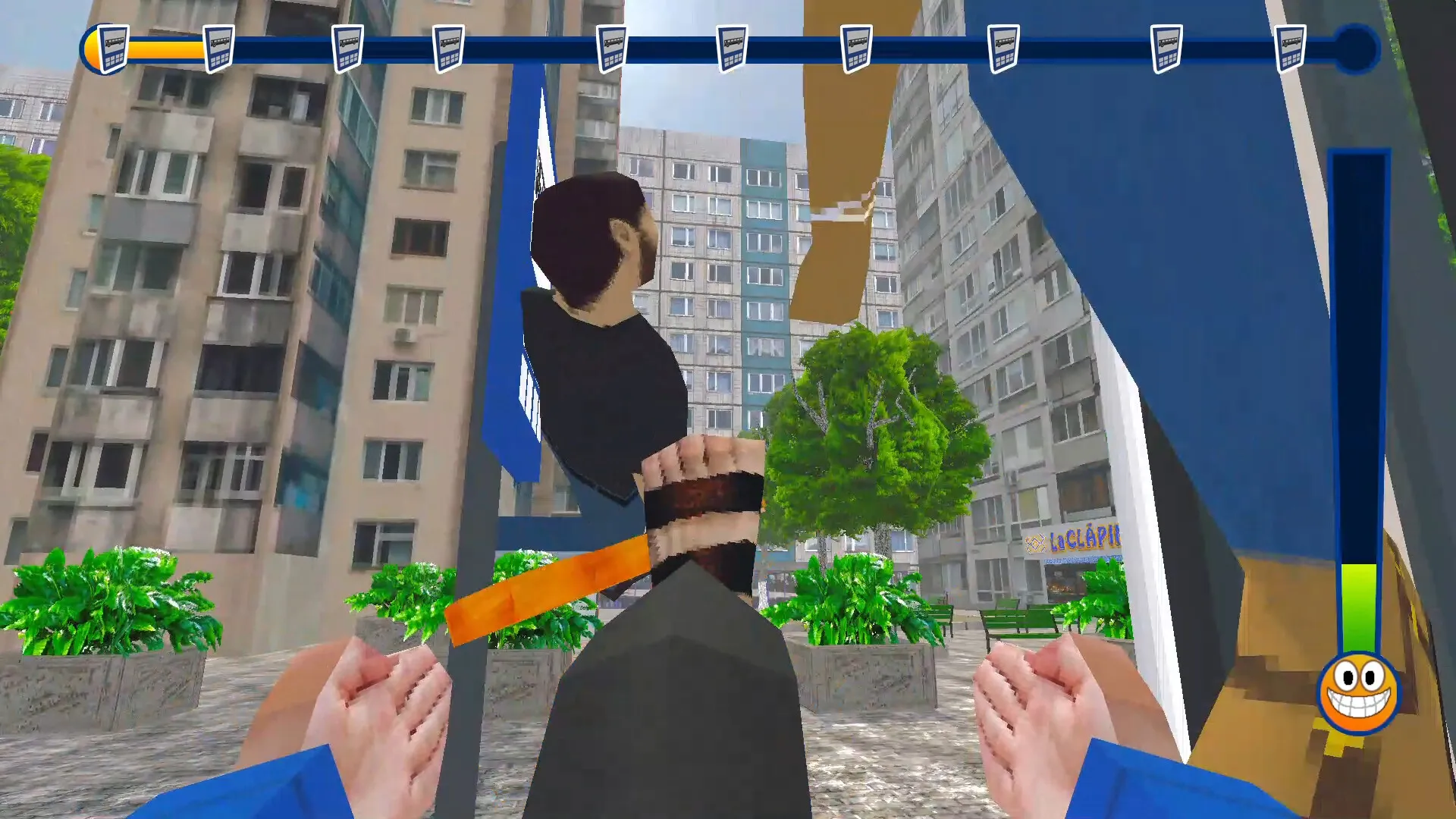 TROLEU: Conductor confronts passenger with fists raised, surrounded by urban buildings and greenery.