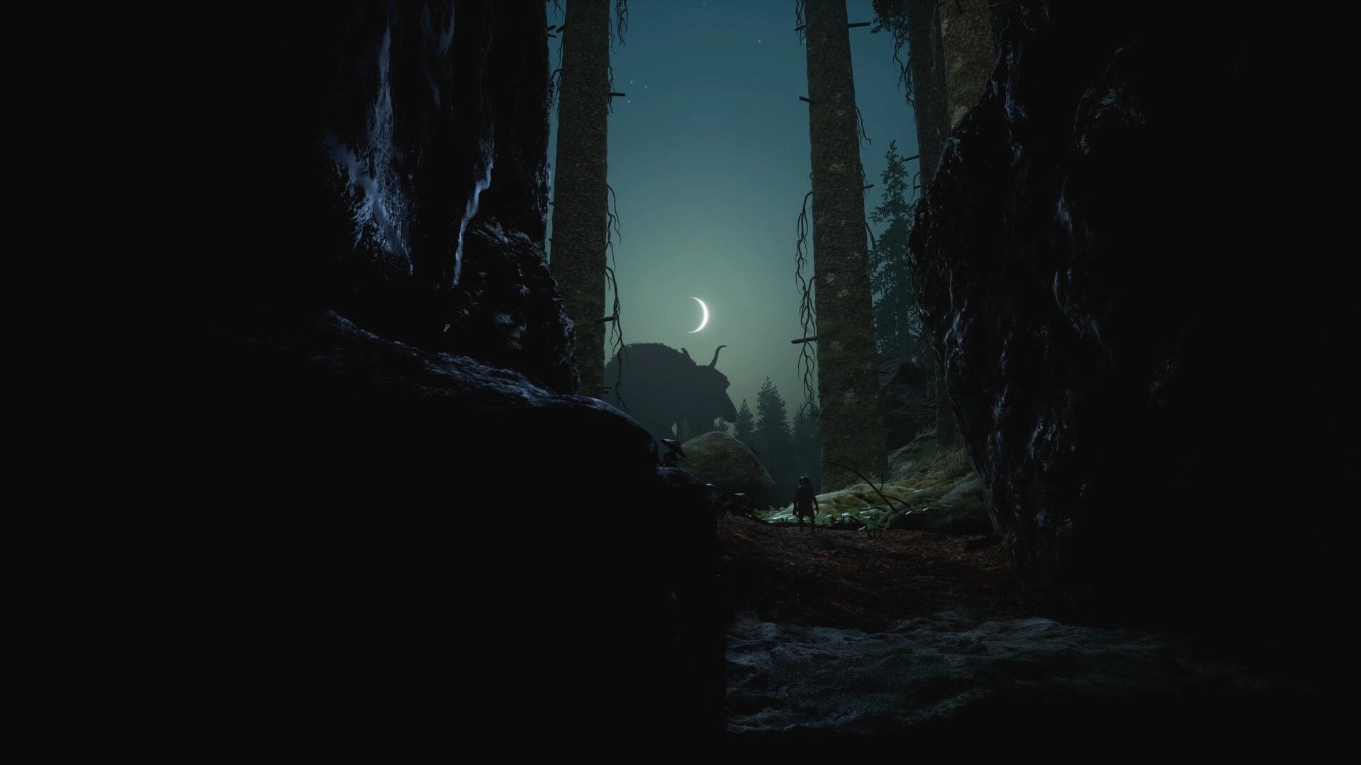 TROLLHEIM: Lone gnome facing a hulking creature in a moonlit forest ravine between tall trees.