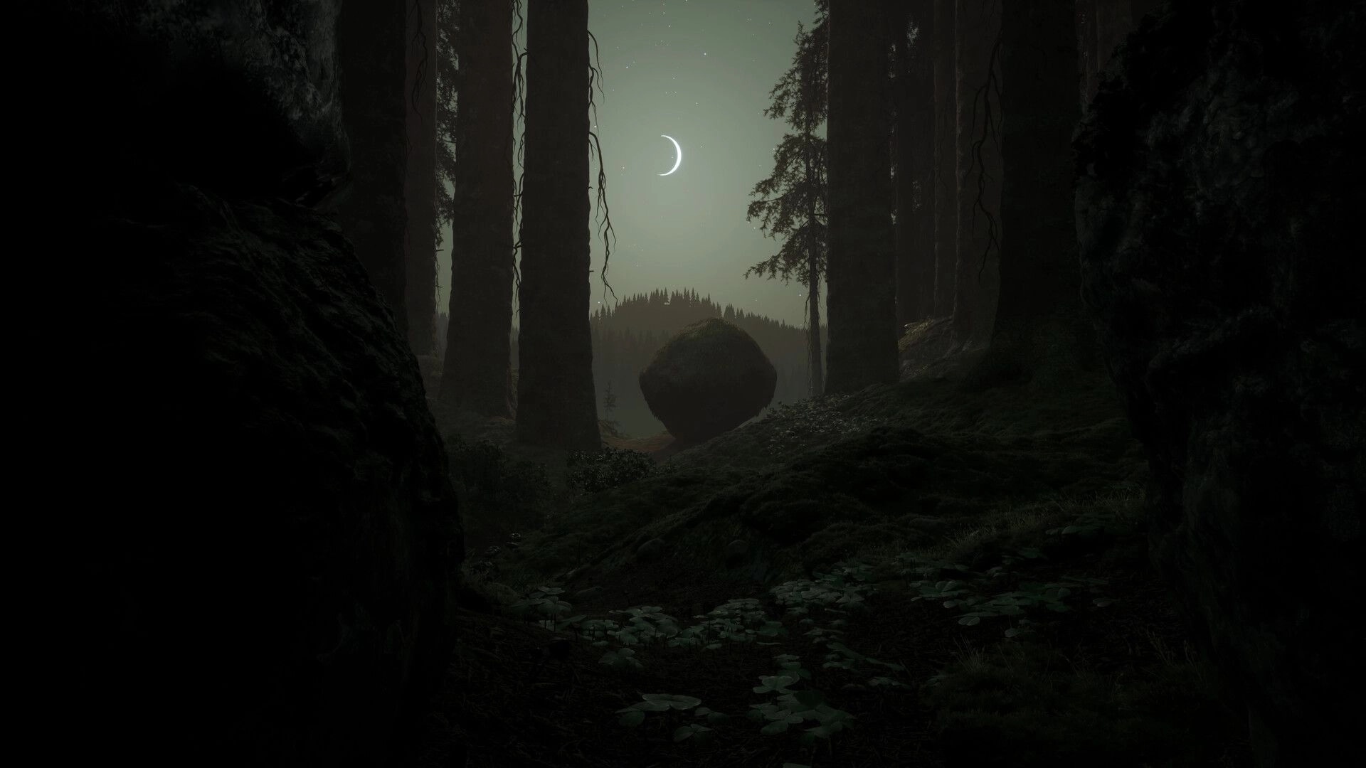 TROLLHEIM: Moonlit forest path with towering pines and a large boulder in misty darkness.