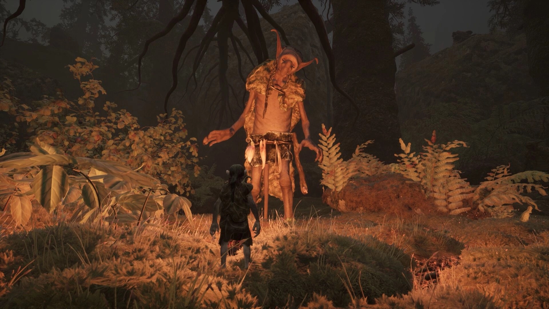 TROLLHEIM: Small gnome faces a towering troll-like creature in a misty forest clearing at dusk.