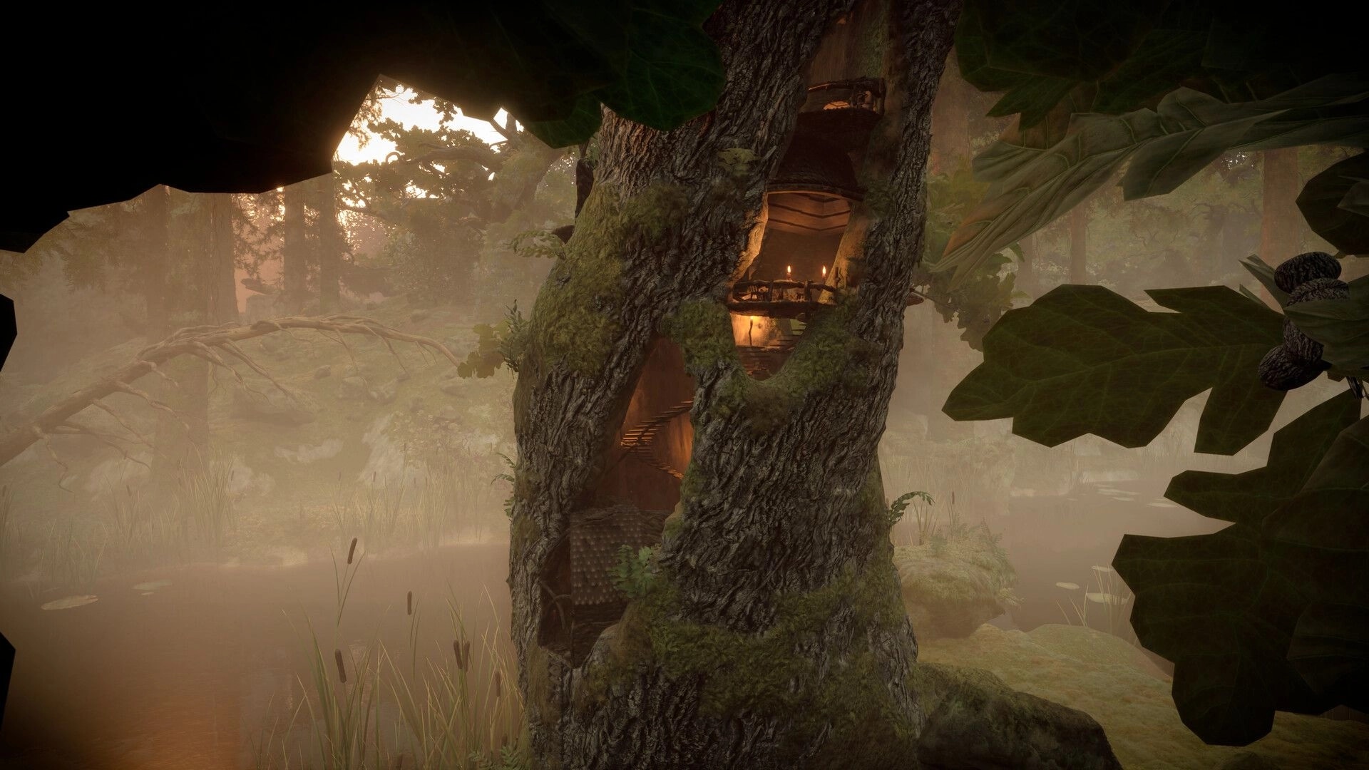 TROLLHEIM: Candlelit treehouse built into a hollow trunk overlooking a misty forest swamp at dusk.
