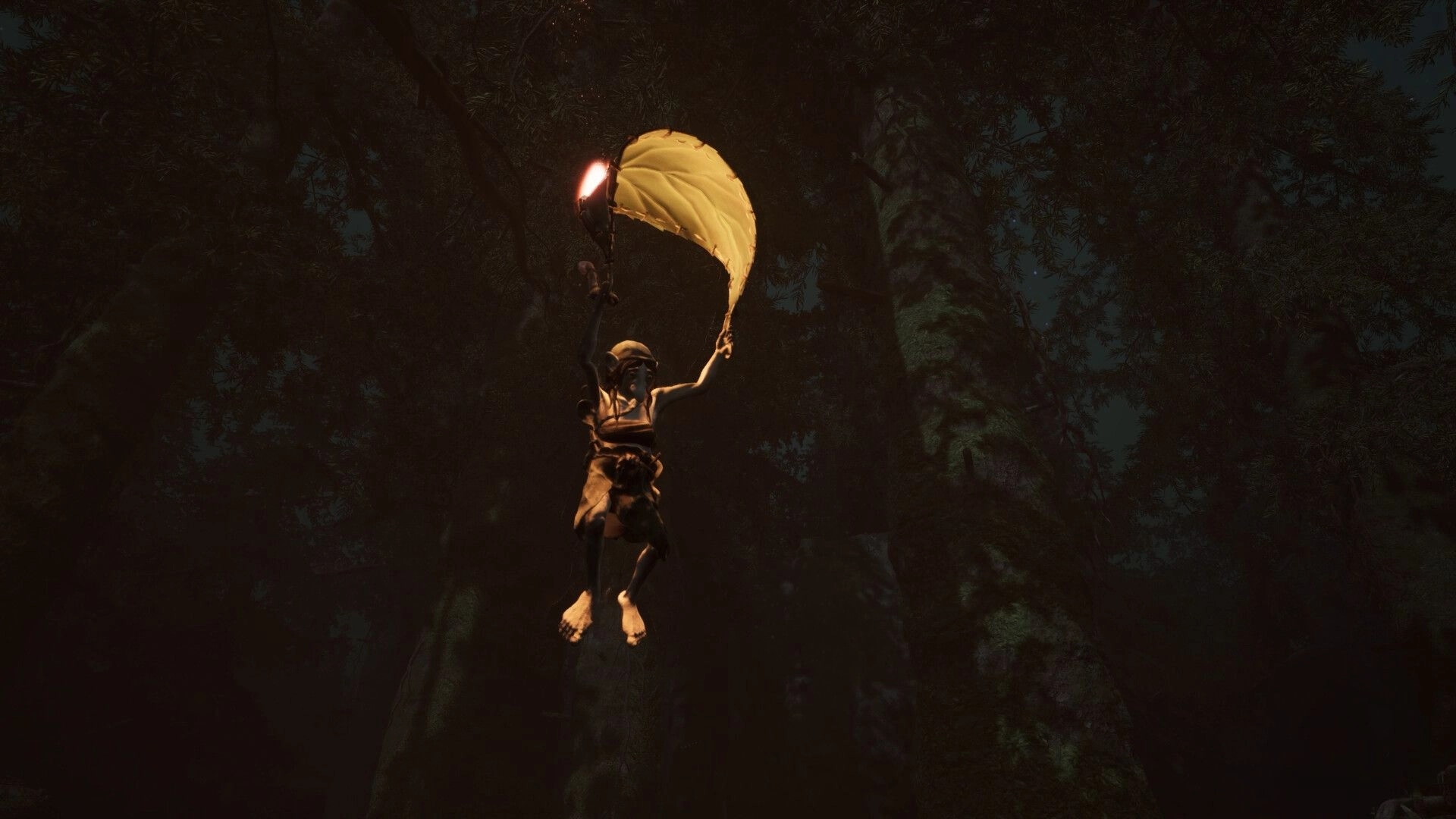 TROLLHEIM: Gnome glides with a leaf parachute through sunbeams high above a dark forest canopy.