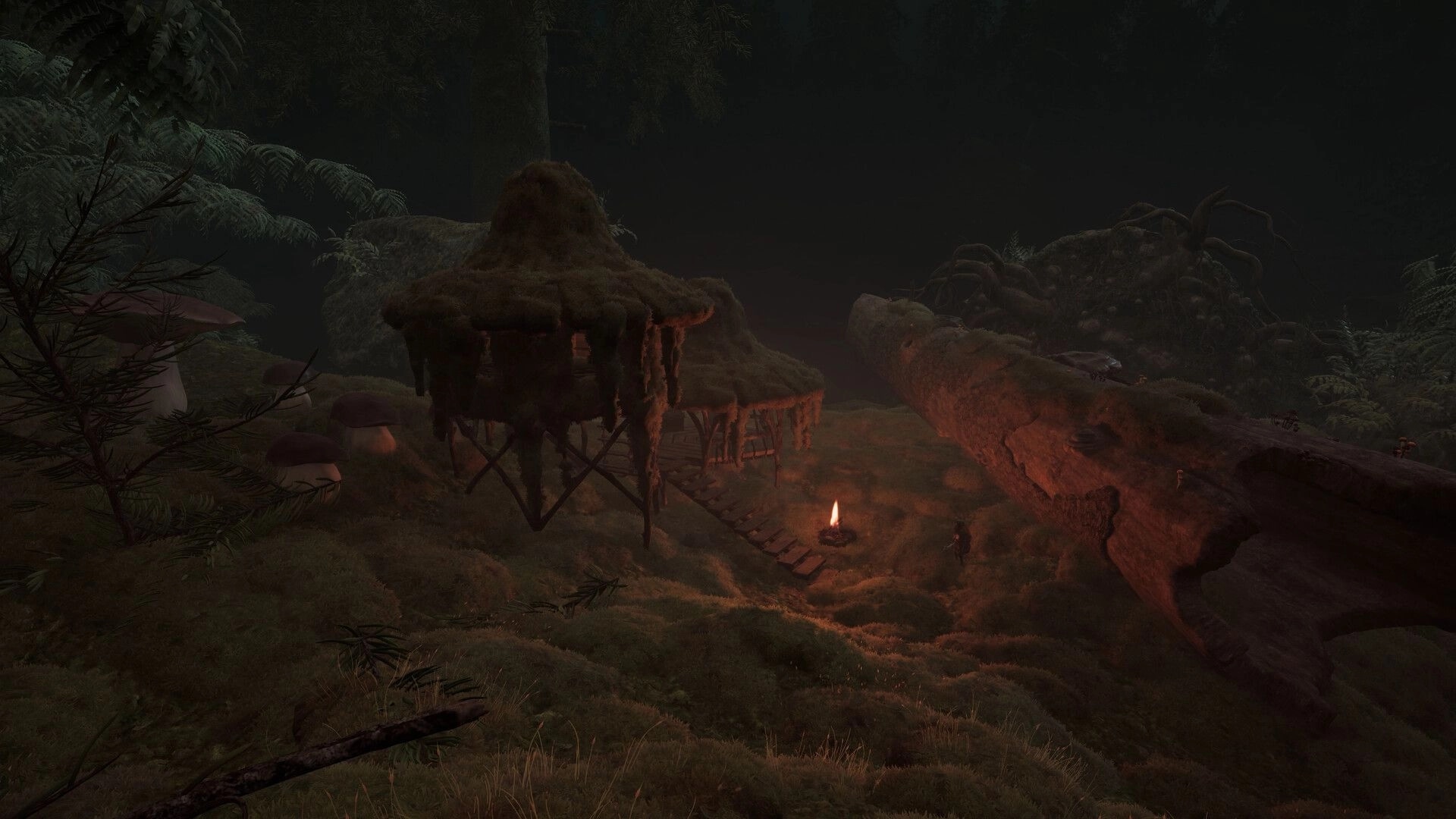 TROLLHEIM: Moss-roof treetop hut with ladder bridge and campfire beside a fallen log in misty forest.
