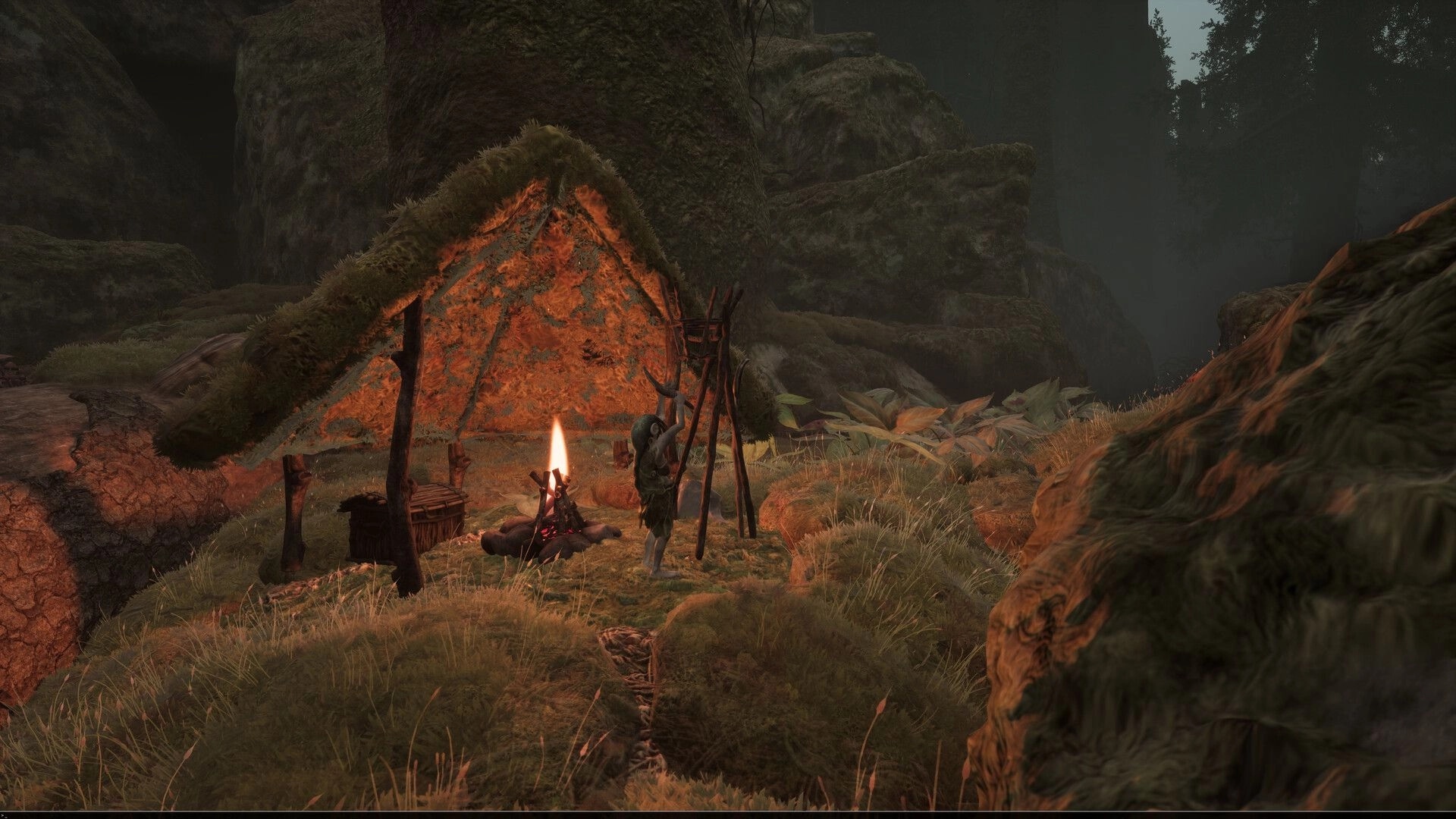 TROLLHEIM: Gnome stands by a campfire and mossy lean-to shelter in a misty rocky forest clearing.