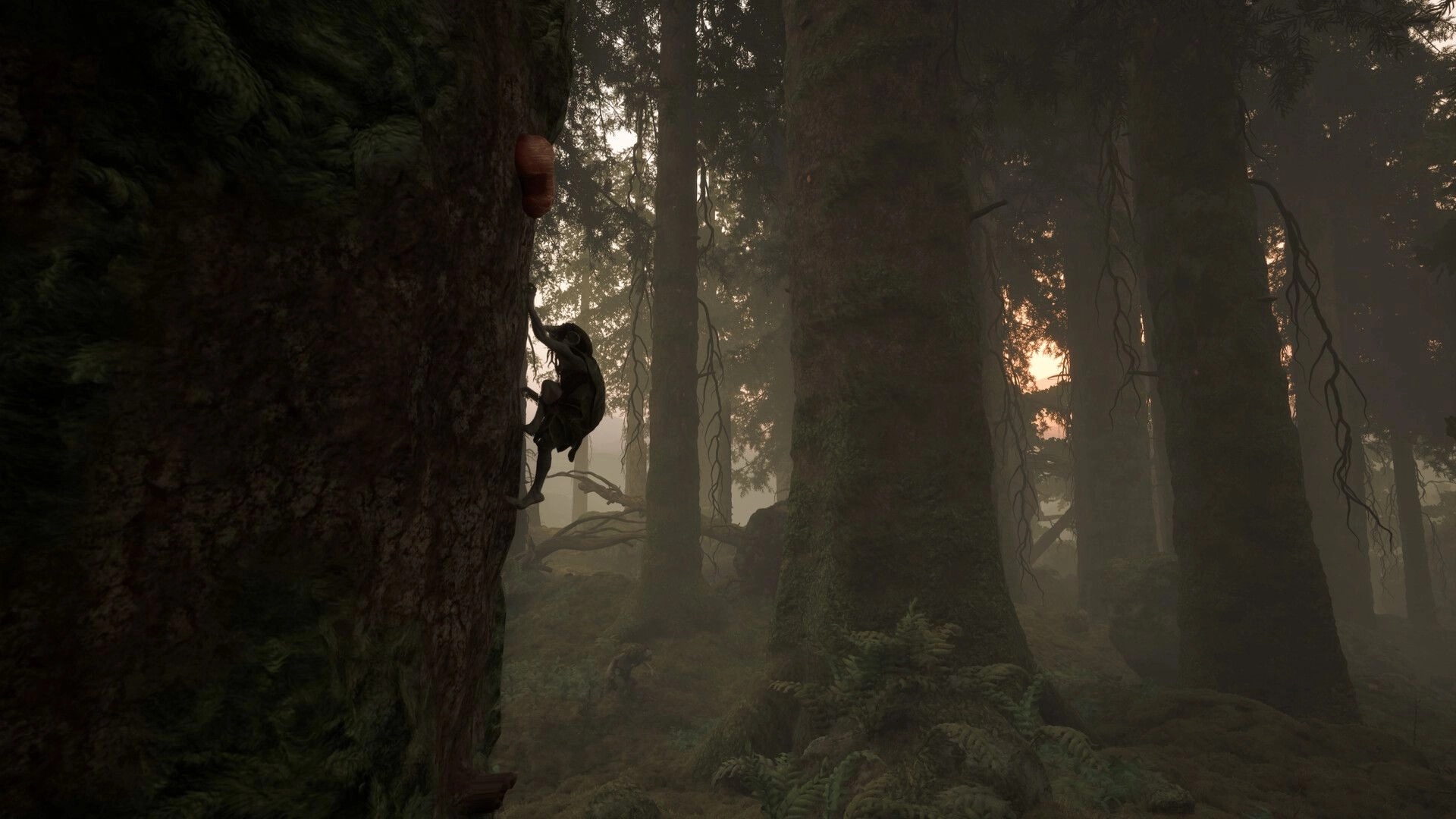 TROLLHEIM: Gnome climbing a mossy tree trunk misty forest with towering trees and hanging vines.