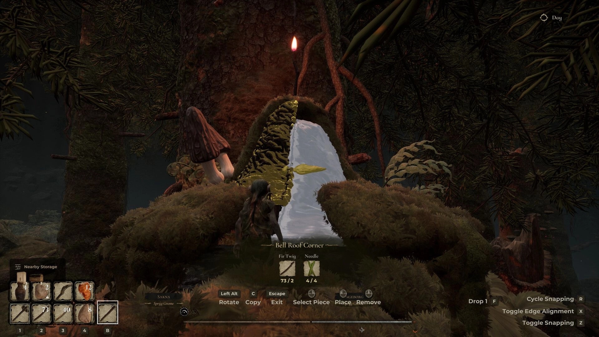 TROLLHEIM: Building a Bell Roof Corner on a mossy treetop platform with snapping UI in forest.
