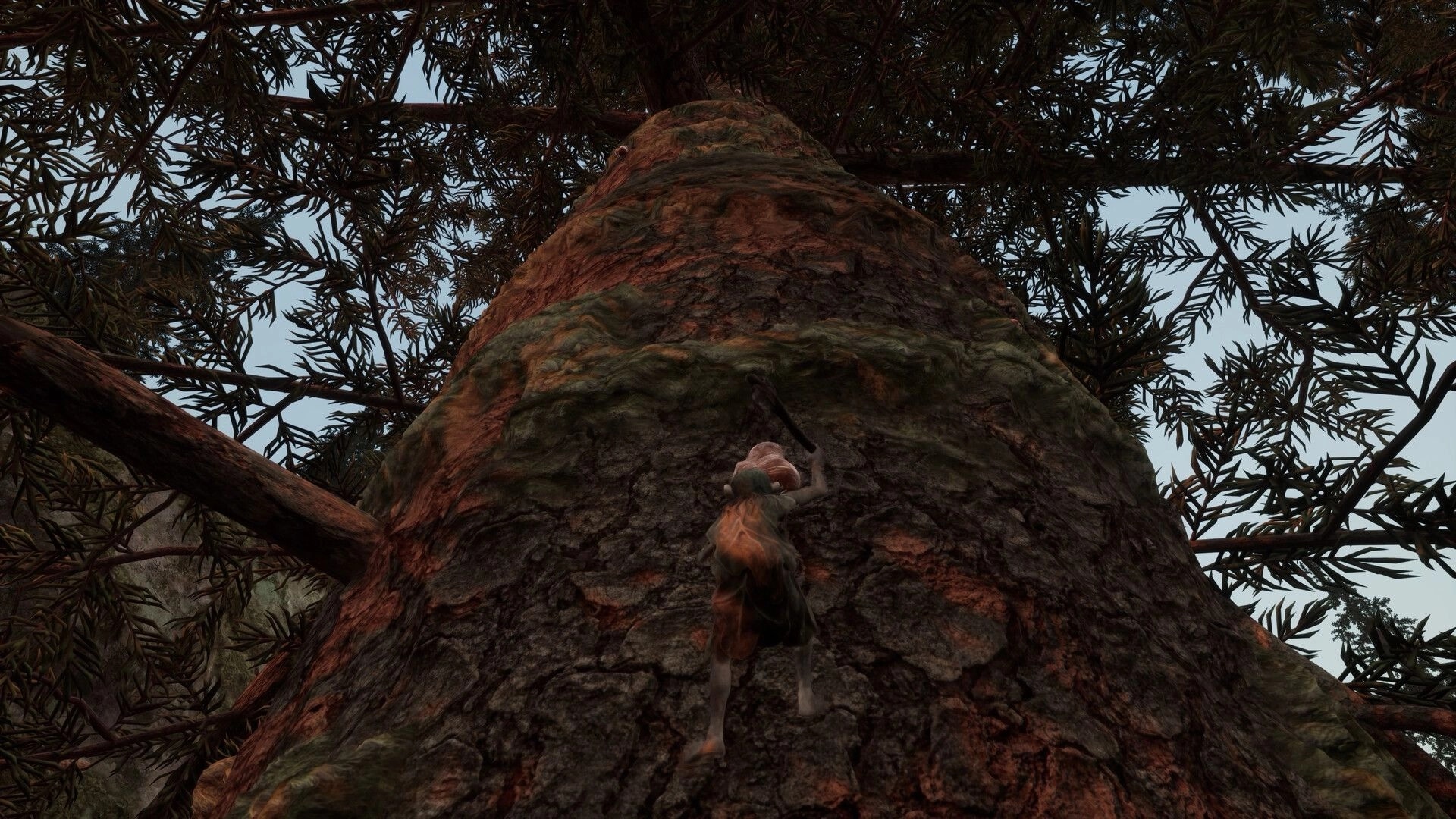 TROLLHEIM: Gnome climbs a massive tree trunk with a pickaxe amid dense pine branches overhead.