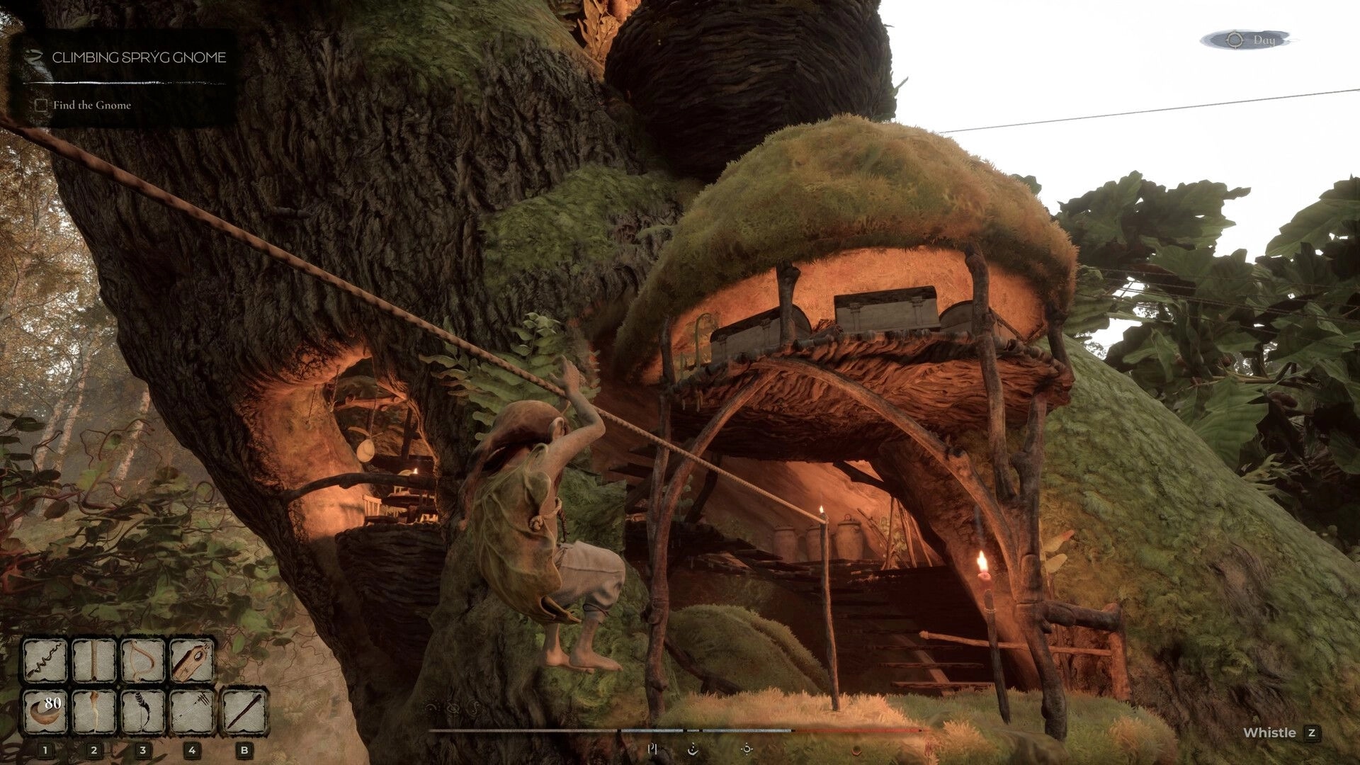 TROLLHEIM: Gnome climbs a rope toward a mossy treehouse platform in a giant forest trunk base camp.