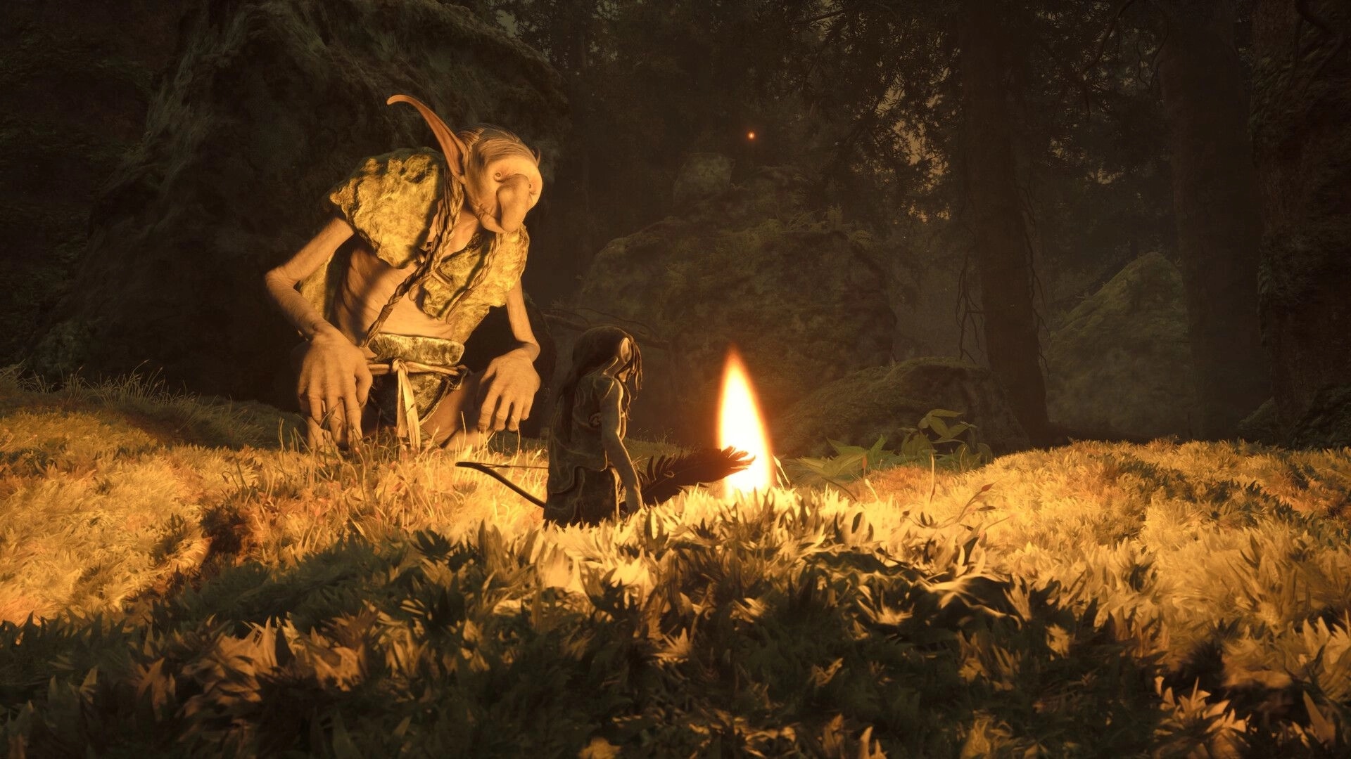 TROLLHEIM: Gnome by a campfire facing a towering troll in a dim, mossy forest clearing at dusk.