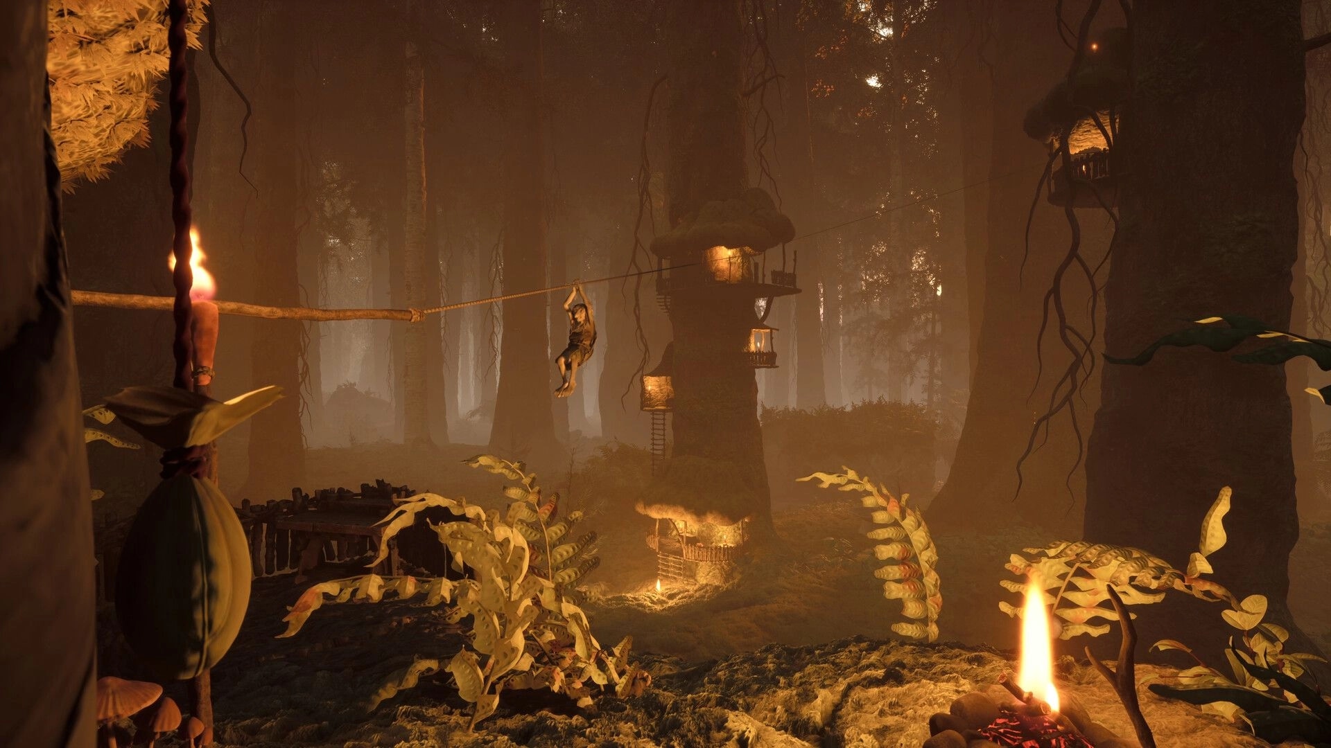 TROLLHEIM: Gnome riding a zipline between treetops past torchlit treehouse platforms in misty forest.