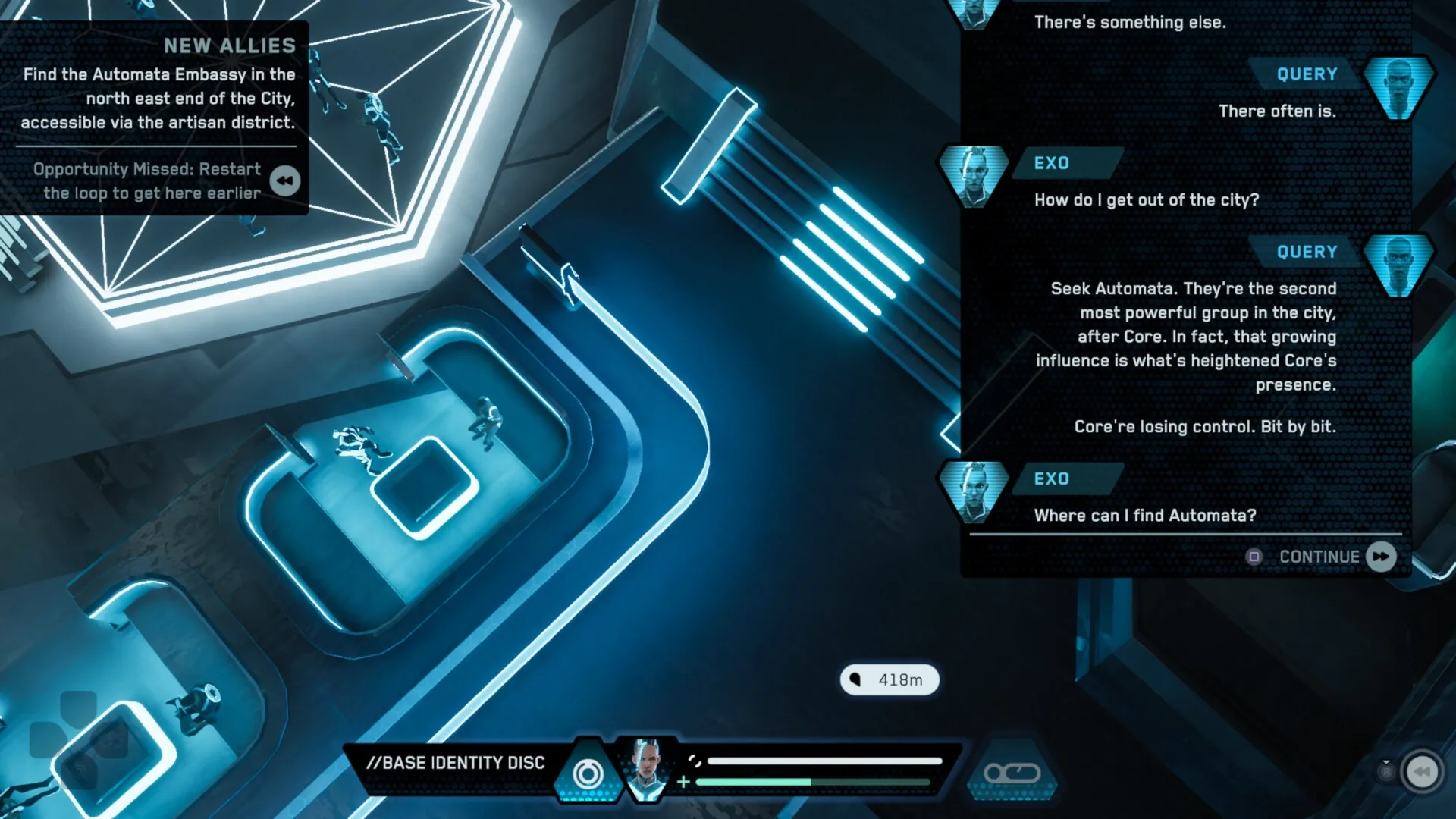 TRON: Dialogue interface with Exo and Query, mission objectives, and neon-lit city environment
