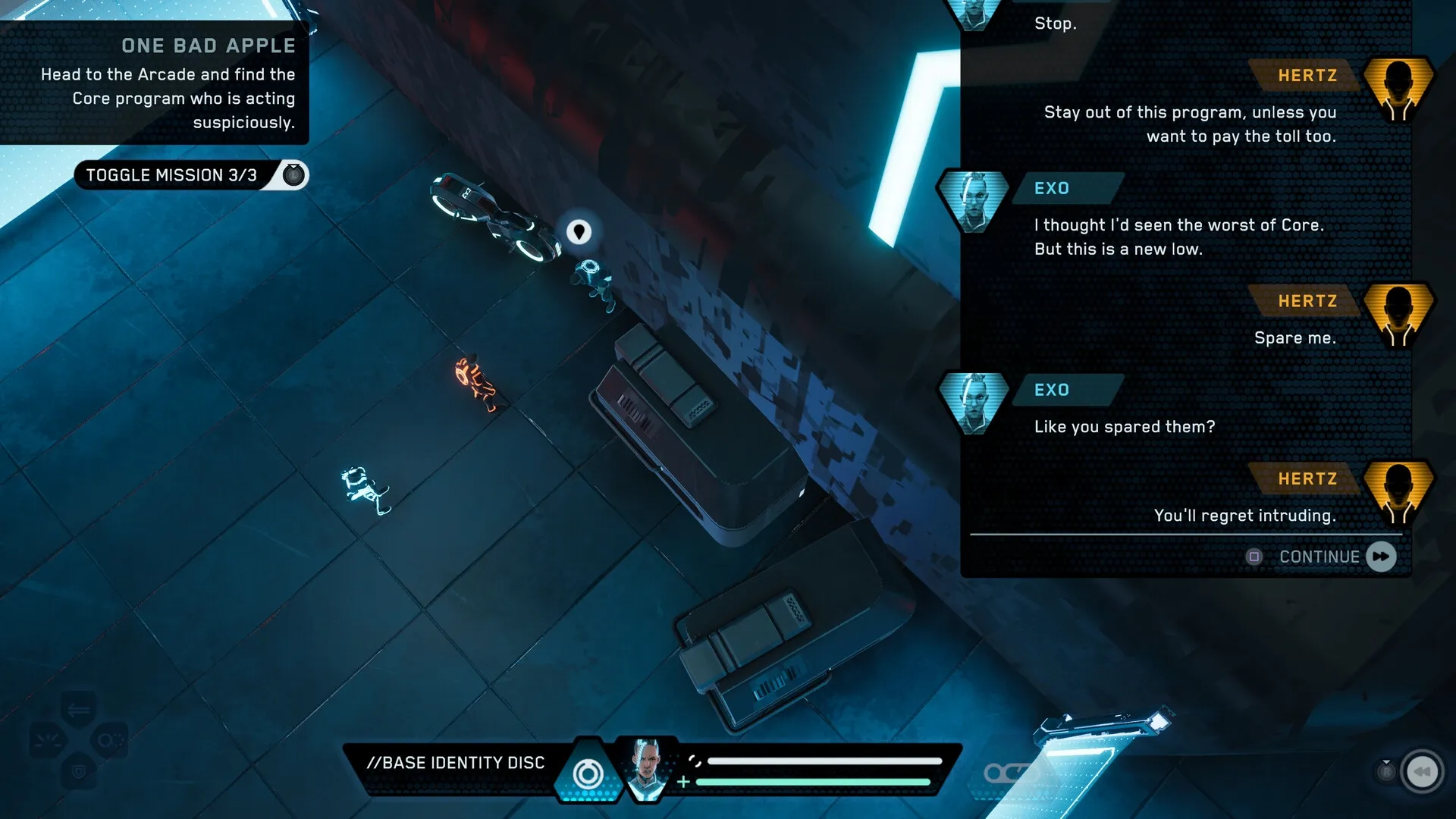 TRON: Dialogue between Exo and Hertz with mission info in a futuristic corridor setting.