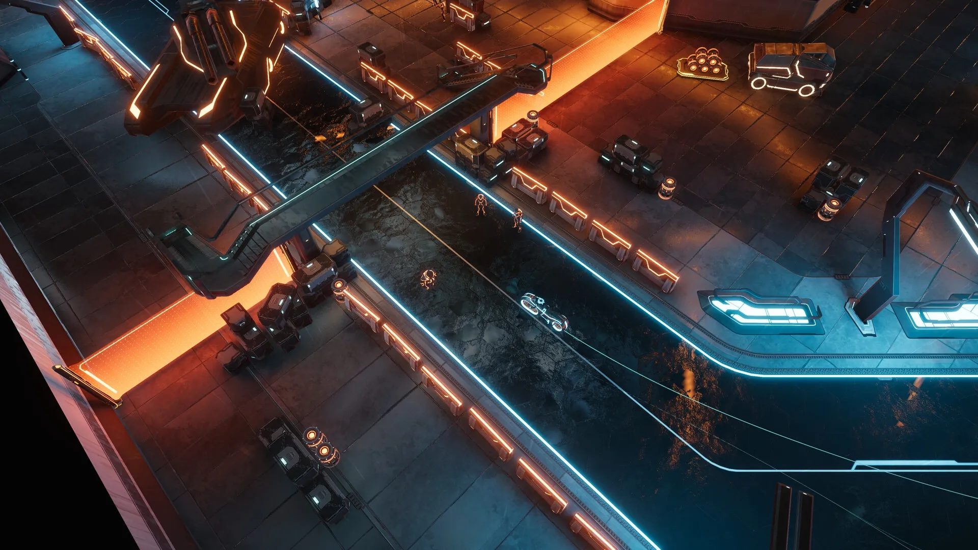 TRON: Overhead view of neon-lit grid with characters, vehicles, and glowing pathways in futuristic city.