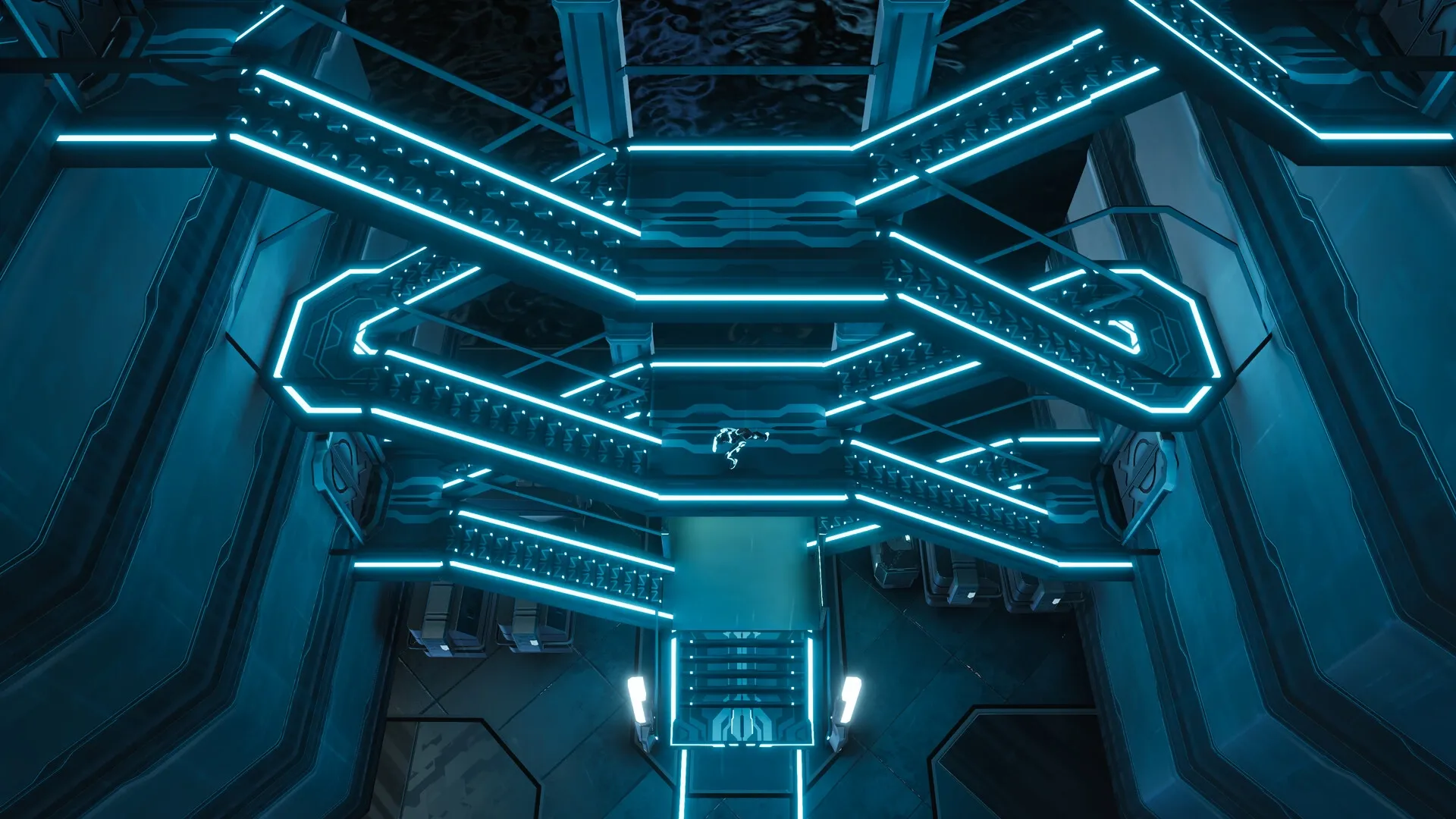 TRON: Character running on illuminated platforms in futuristic corridor environment