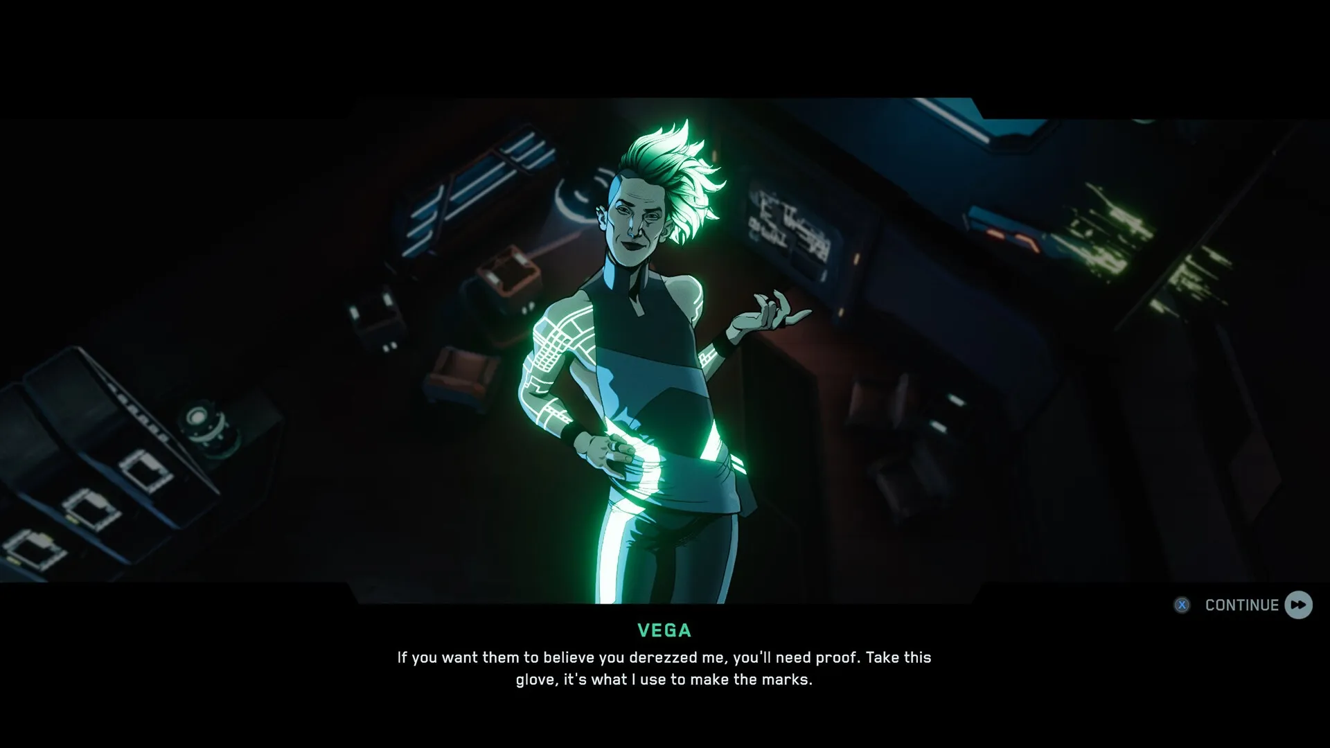 TRON: Vega stands in a dimly lit room, glowing with neon lights, dialogue and a continue button visible.