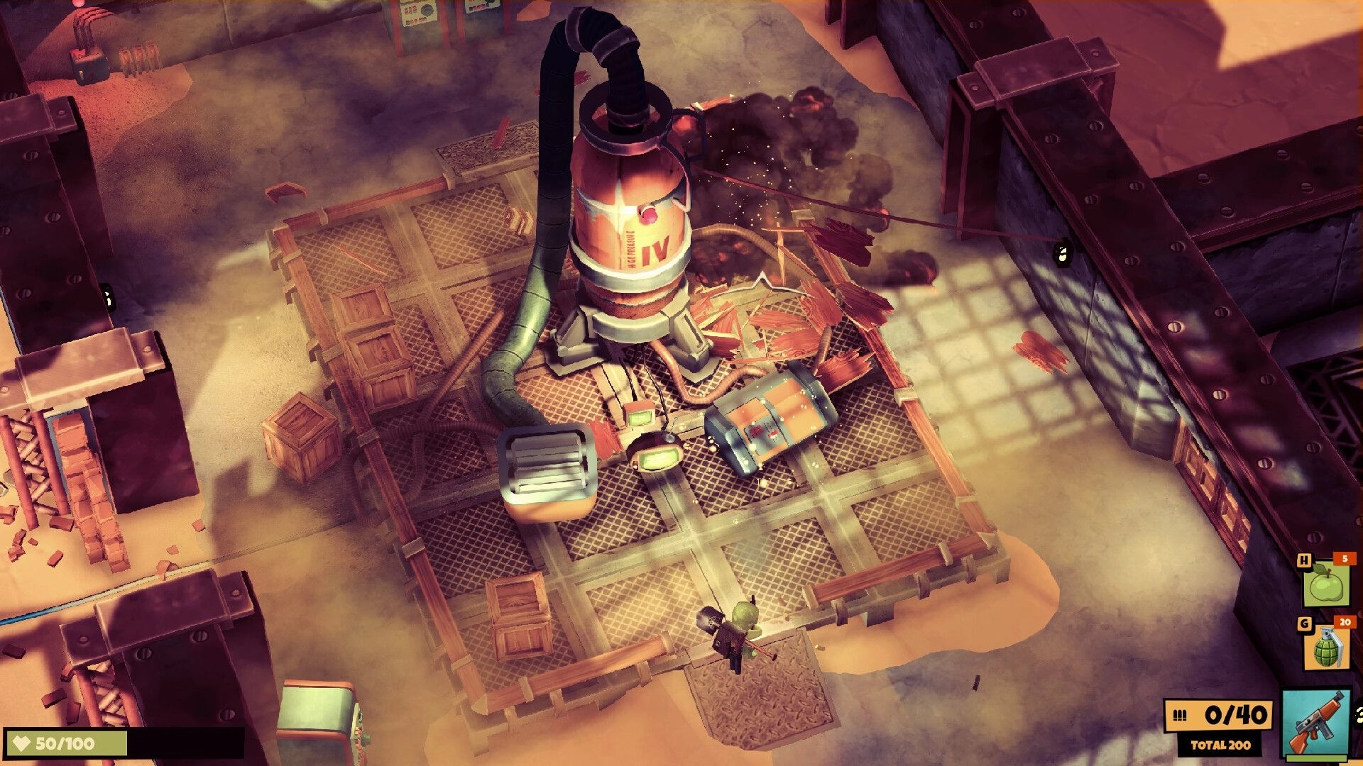 Trotter: Player aims rifle near smoking fuel tank amid crates and rubble in a fenced compound UI visible.