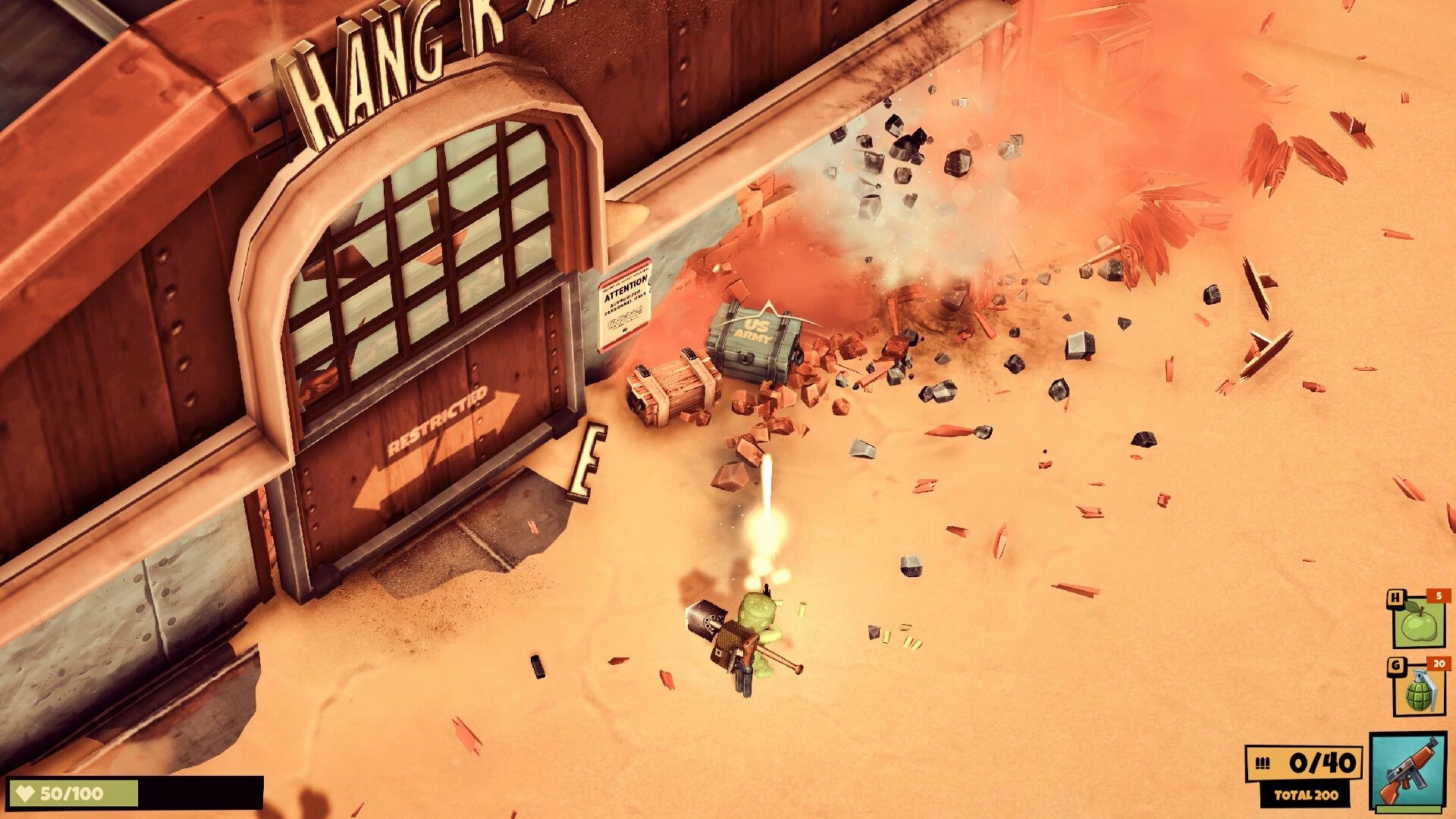 Trotter: Top-down firefight by hangar door as explosion scatters debris, ammo HUD visible.