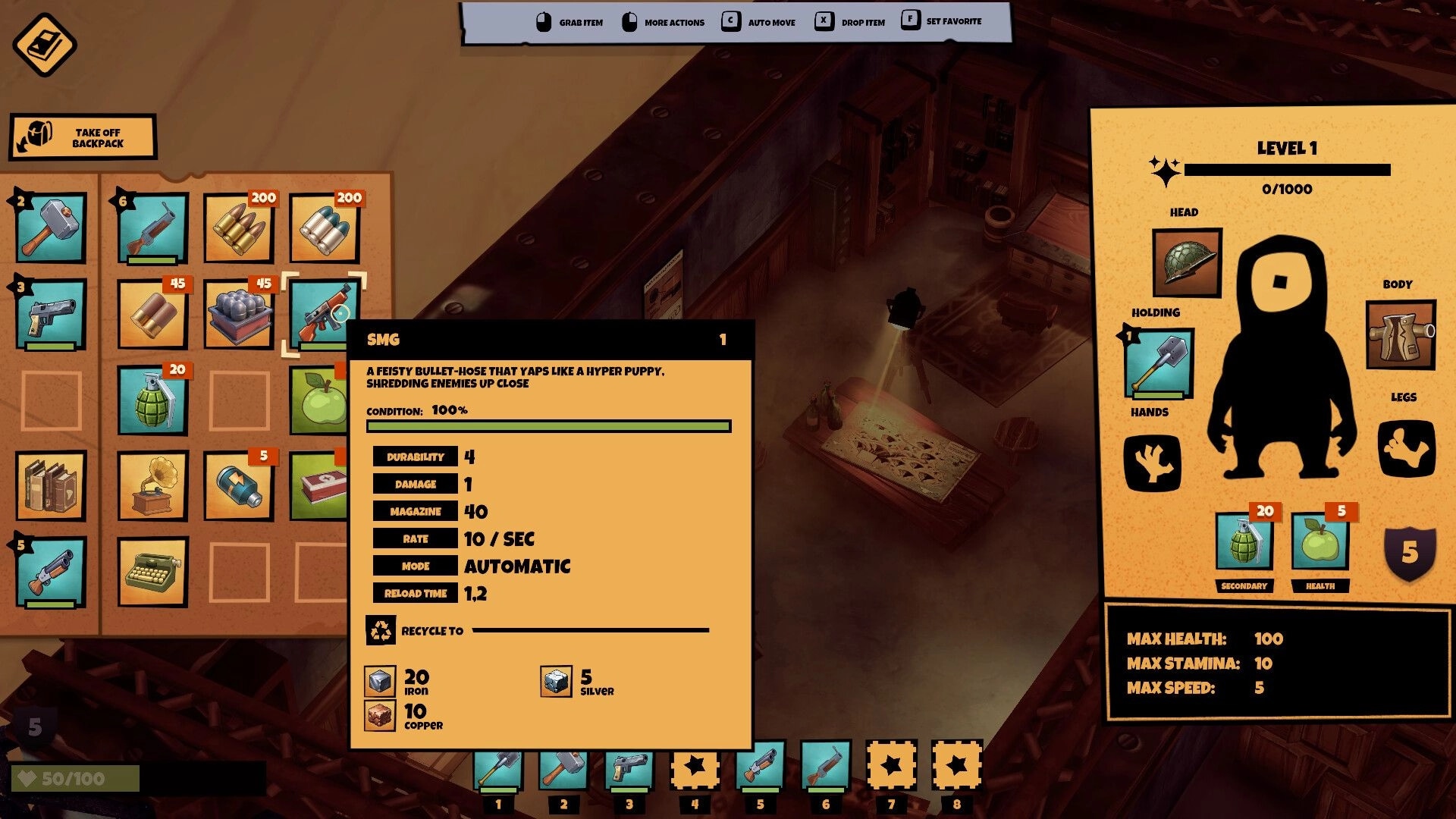 Trotter: Inventory and character gear screen with SMG stats open over a dim bunker room.