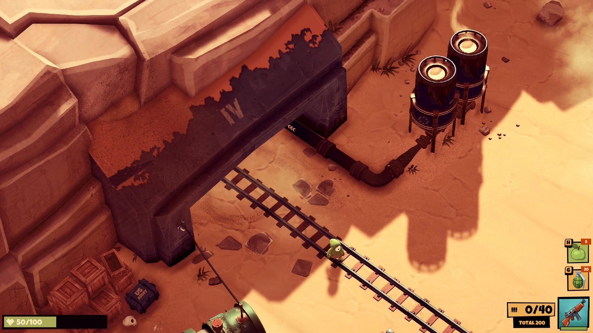 Trotter: Top-down character walks along rail tracks past a bunker entrance in sandy canyon ruins.