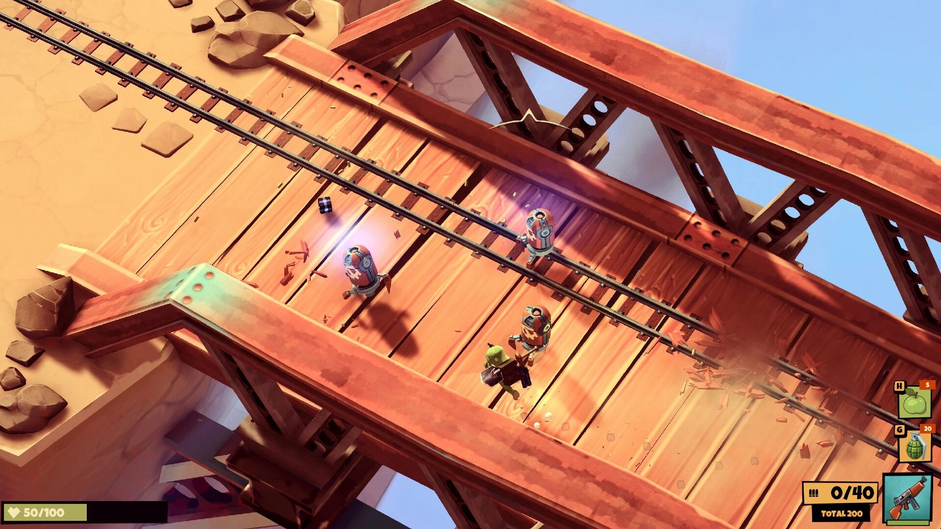 Trotter: Player fights three robot enemies on a wooden bridge with rail tracks, ammo HUD visible.