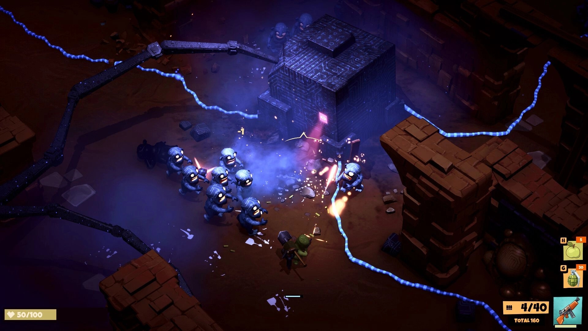 Trotter: Player fires at a swarm of blue armored foes beside a glowing cube ruin in canyon cave.