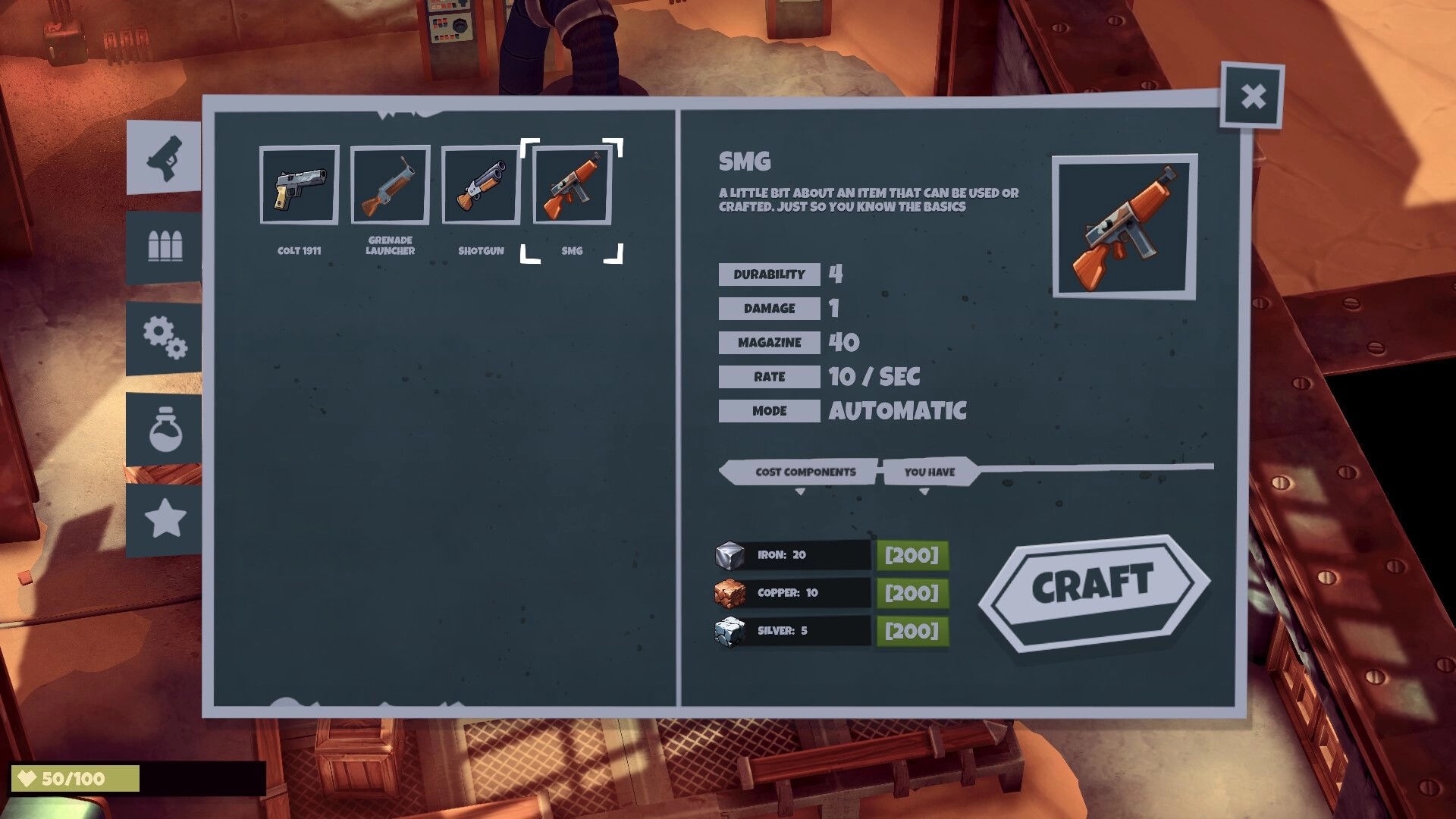 Trotter: Crafting menu selecting SMG weapon with stats and cost list over industrial bunker scene.