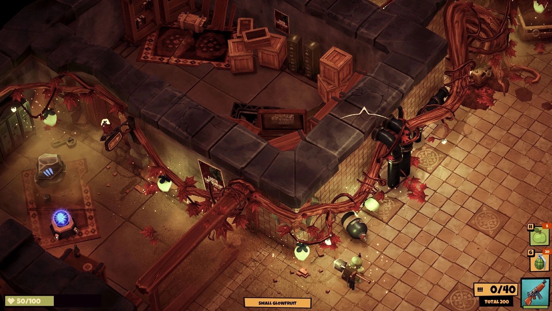 Trotter: Isometric bunker corridor with crates and vines, HUD ammo 0/40 and health 50/100 visible.