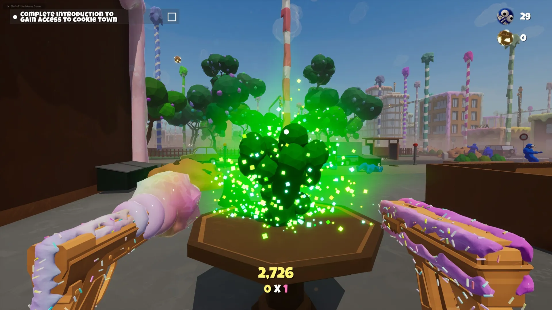 Trouble in Cookie Town: Player aims sprinkle-covered weapons at glowing broccoli pedestal in candy city.