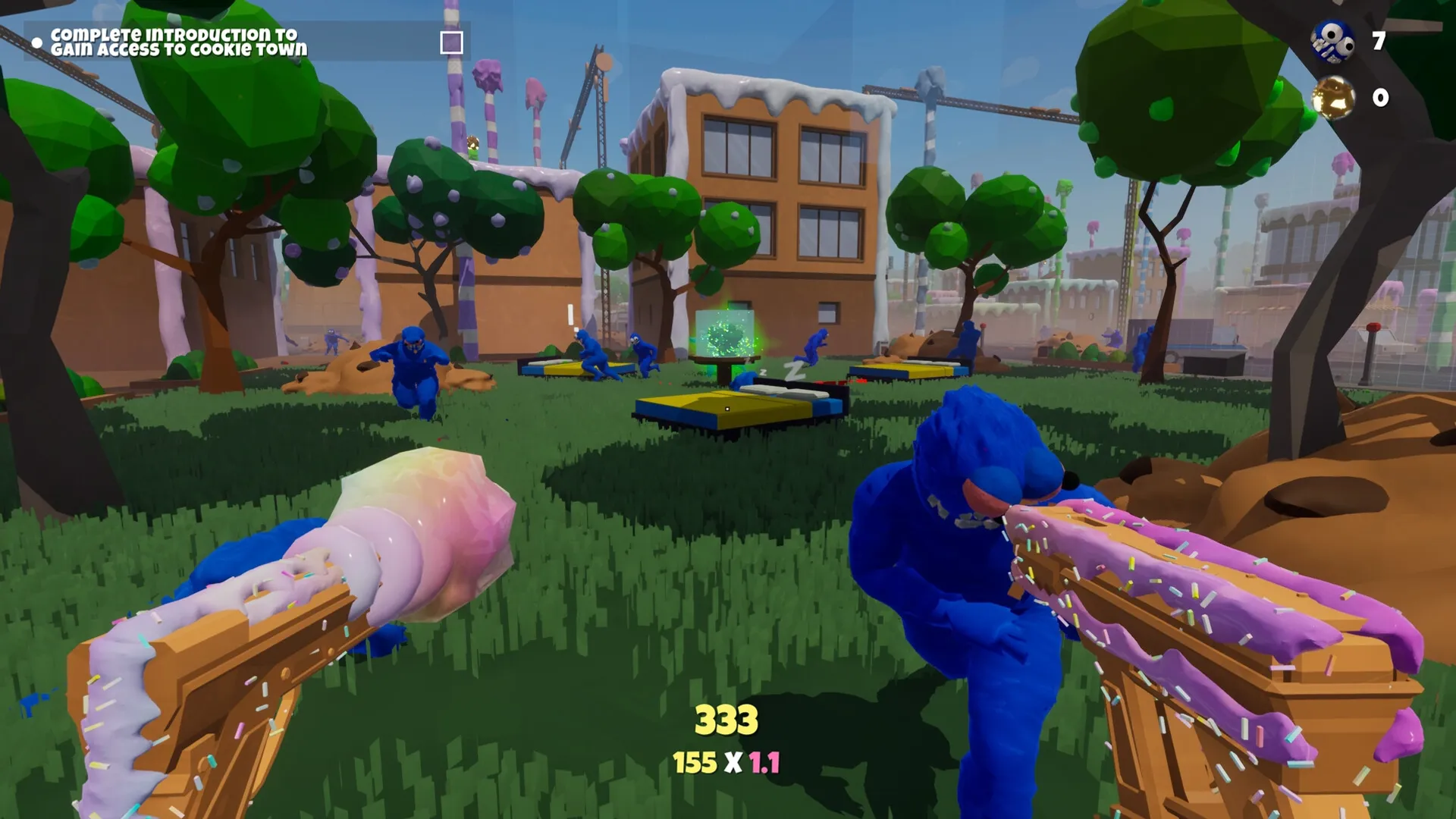 Trouble in Cookie Town: Battle with blue monsters in a grassy area near frosting-covered buildings
