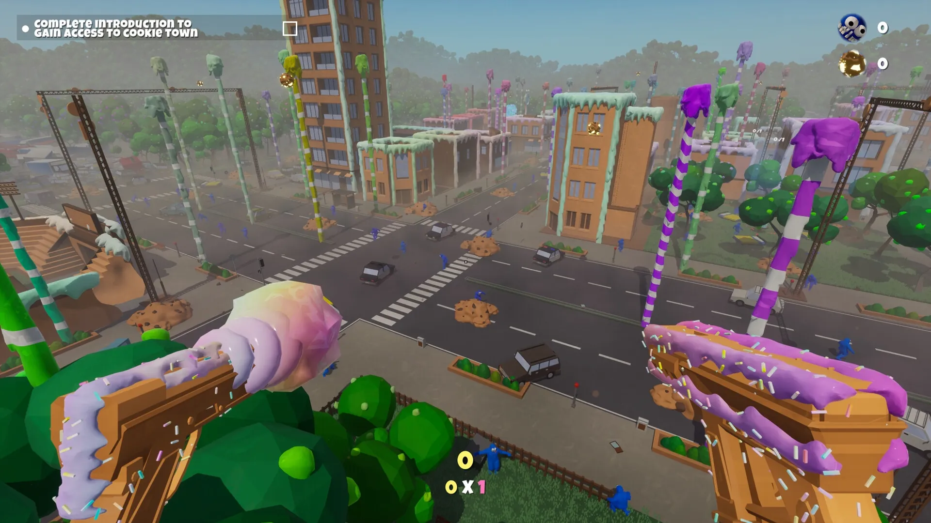 Trouble in Cookie Town: Overhead view of candy-coated cityscape with monsters invading the streets
