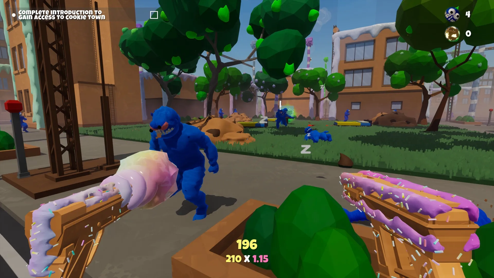 Trouble in Cookie Town: Player battles blue monsters with candy guns in a park surrounded by buildings