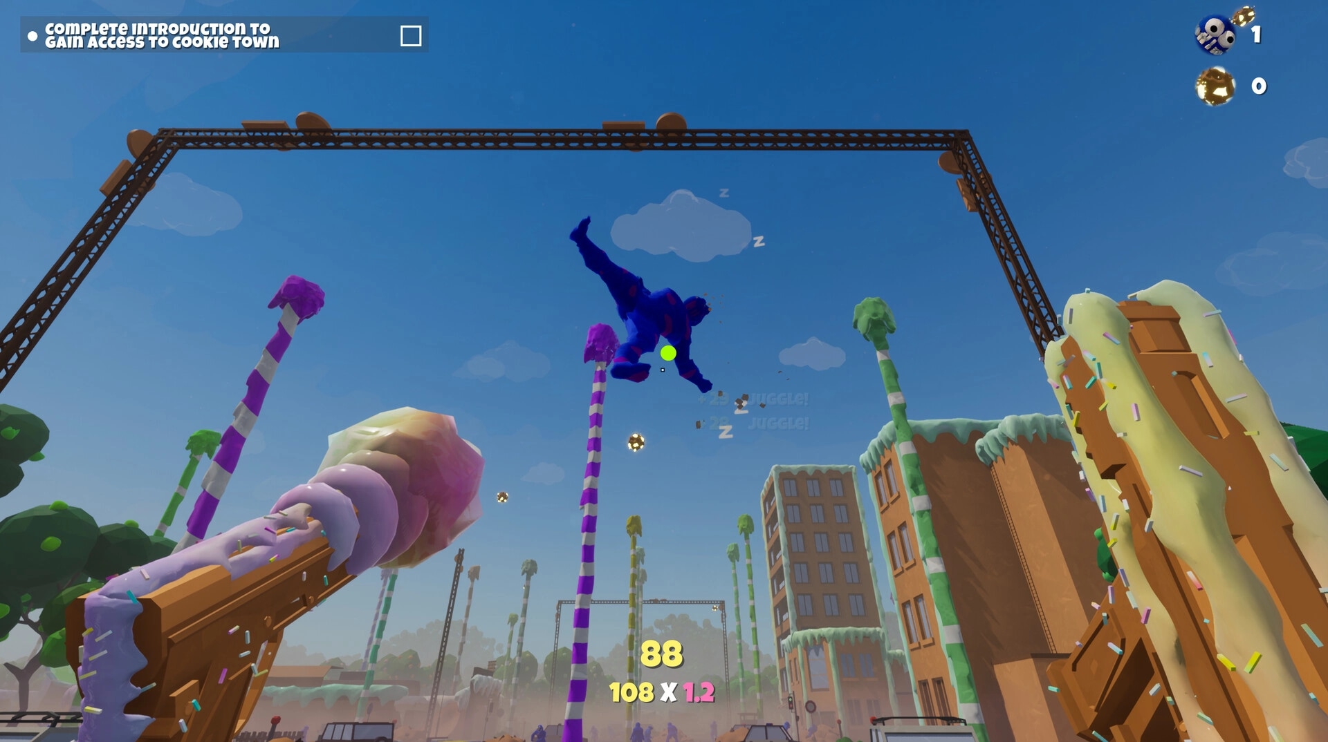 Trouble in Cookie Town: Player juggles monsters mid-air above candy-coated buildings and giant dessert trees