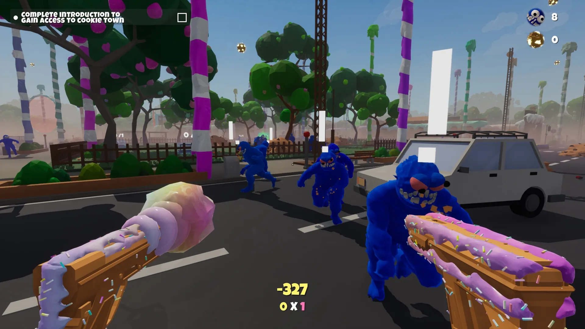 Trouble in Cookie Town: First-person battle with cookie monsters in colorful park setting with candy trees